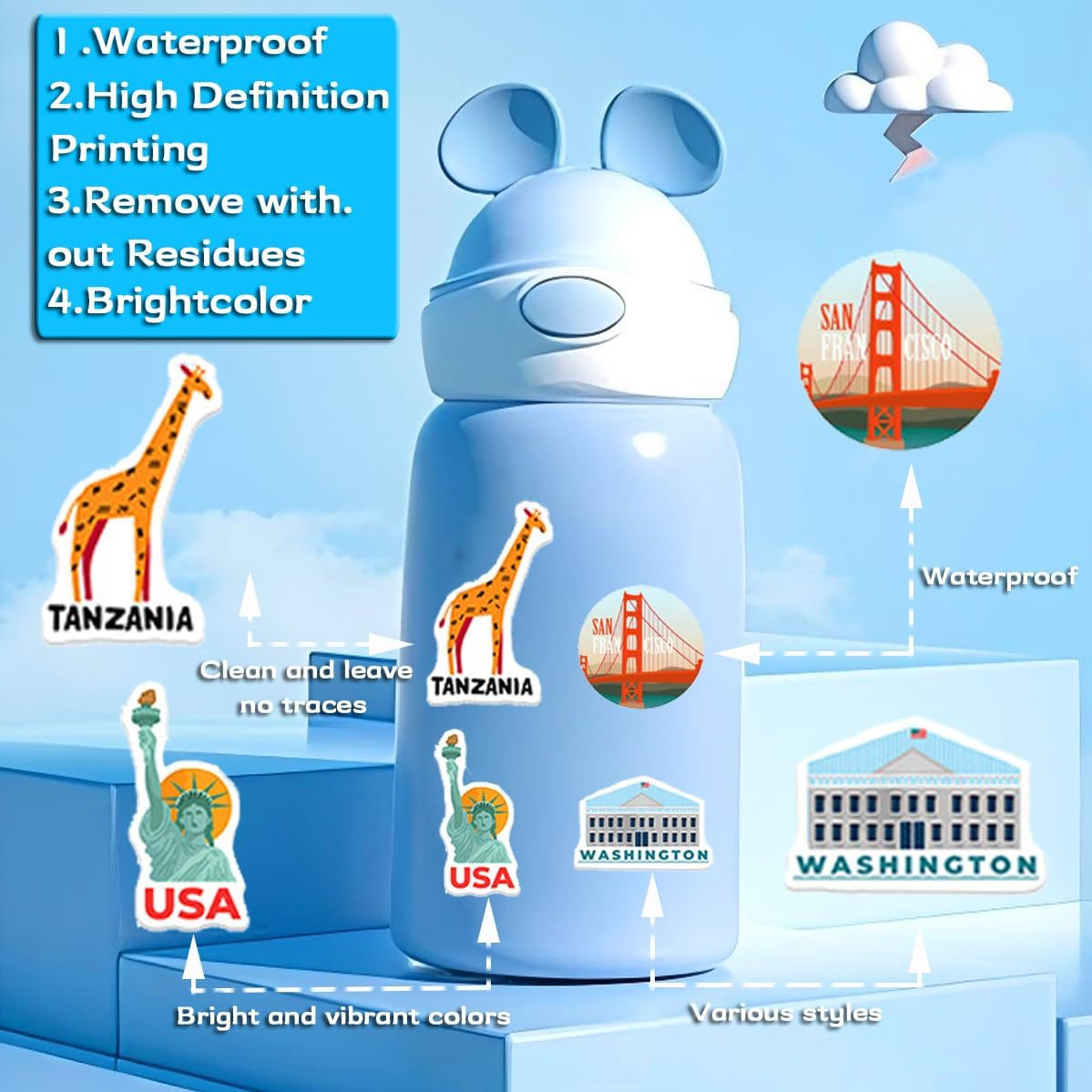World Travel Sticker Pack 100PCS Waterproof Vinyl Decals for Luggage and Laptop
