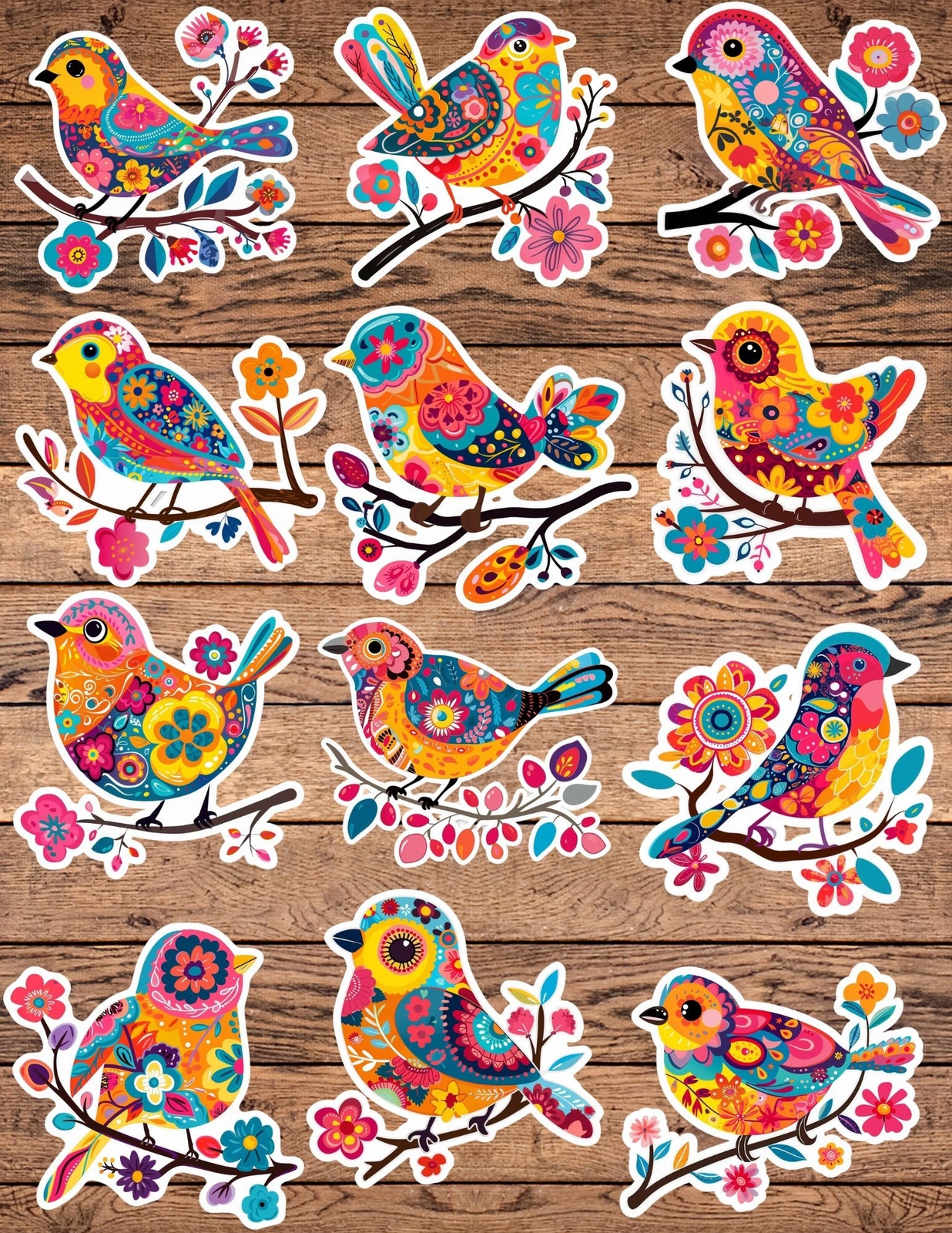 Folk Art Bird Die Cut Vinyl Stickers Set Notebook Laptop Waterbottle Sticker