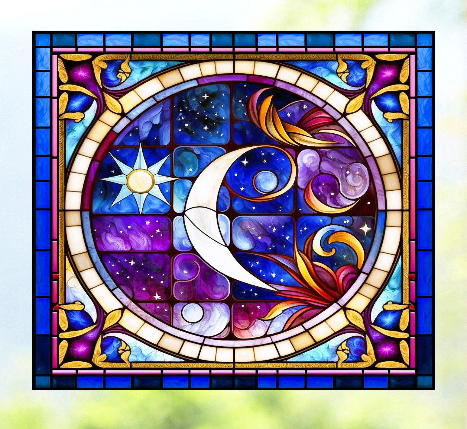 Celestial Moon & Stars Faux Stained-Glass WINDOW CLING Size 9" Rectangle ~ Vinyl