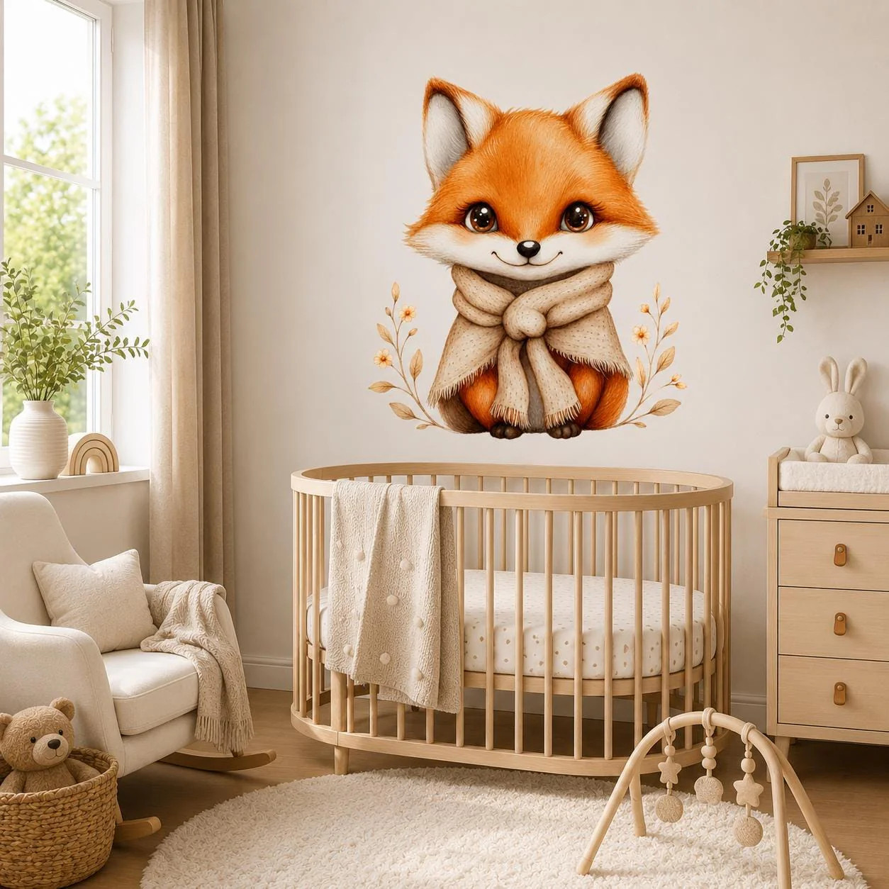 Cute Fox Wall Vinyl Decal | Watercolor Baby Fox Sticker With Scarf
