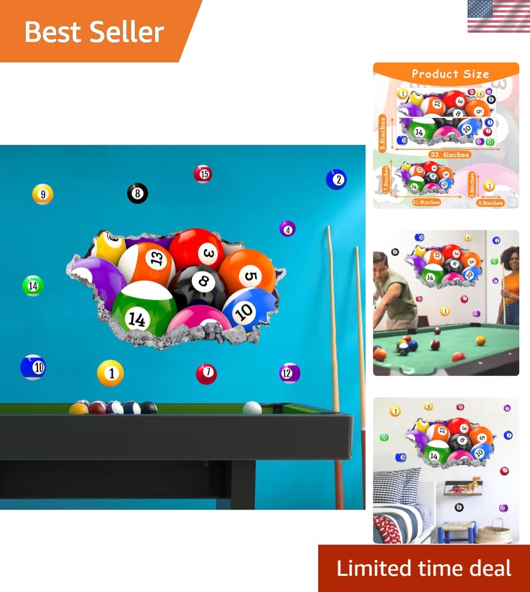 Removable Billiard Ball Wall Decals – Sporty Decor for Playrooms and Nurseries