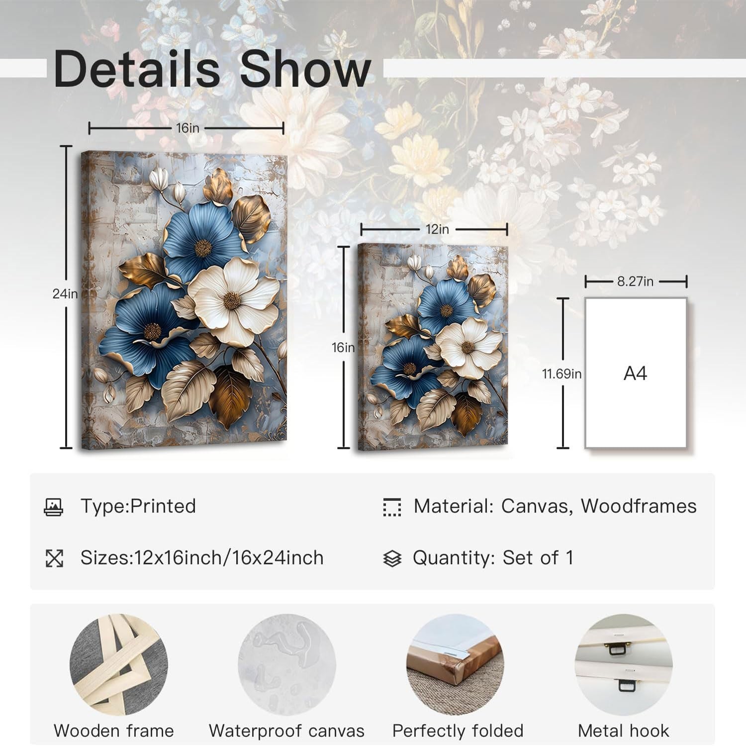 Modern Floral Canvas Wall Art Blue and White Flower Market Wall Decor Picture…