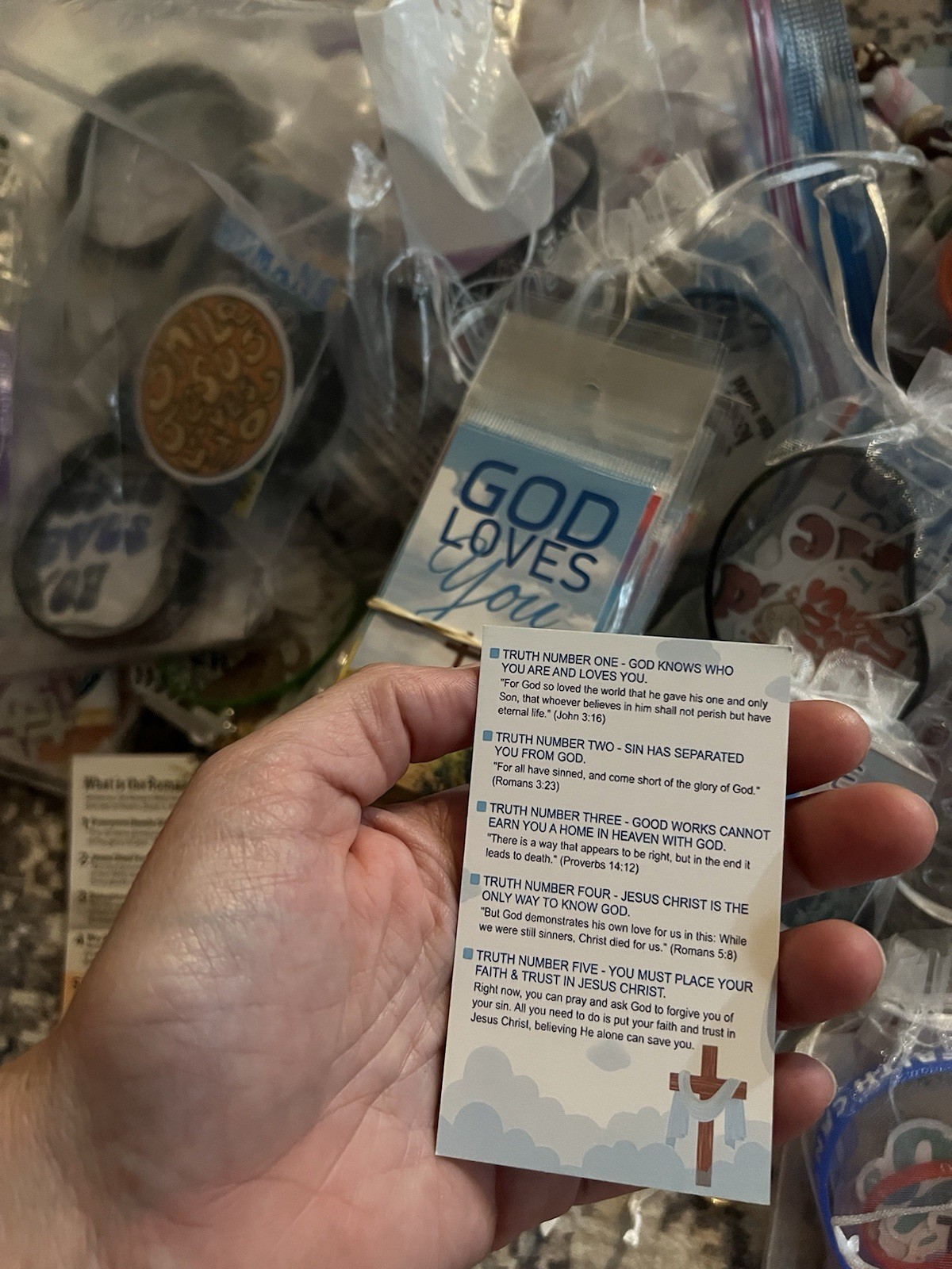 Homemade Blessing bags Jesus Loves You wristbands keychains charms Stickers