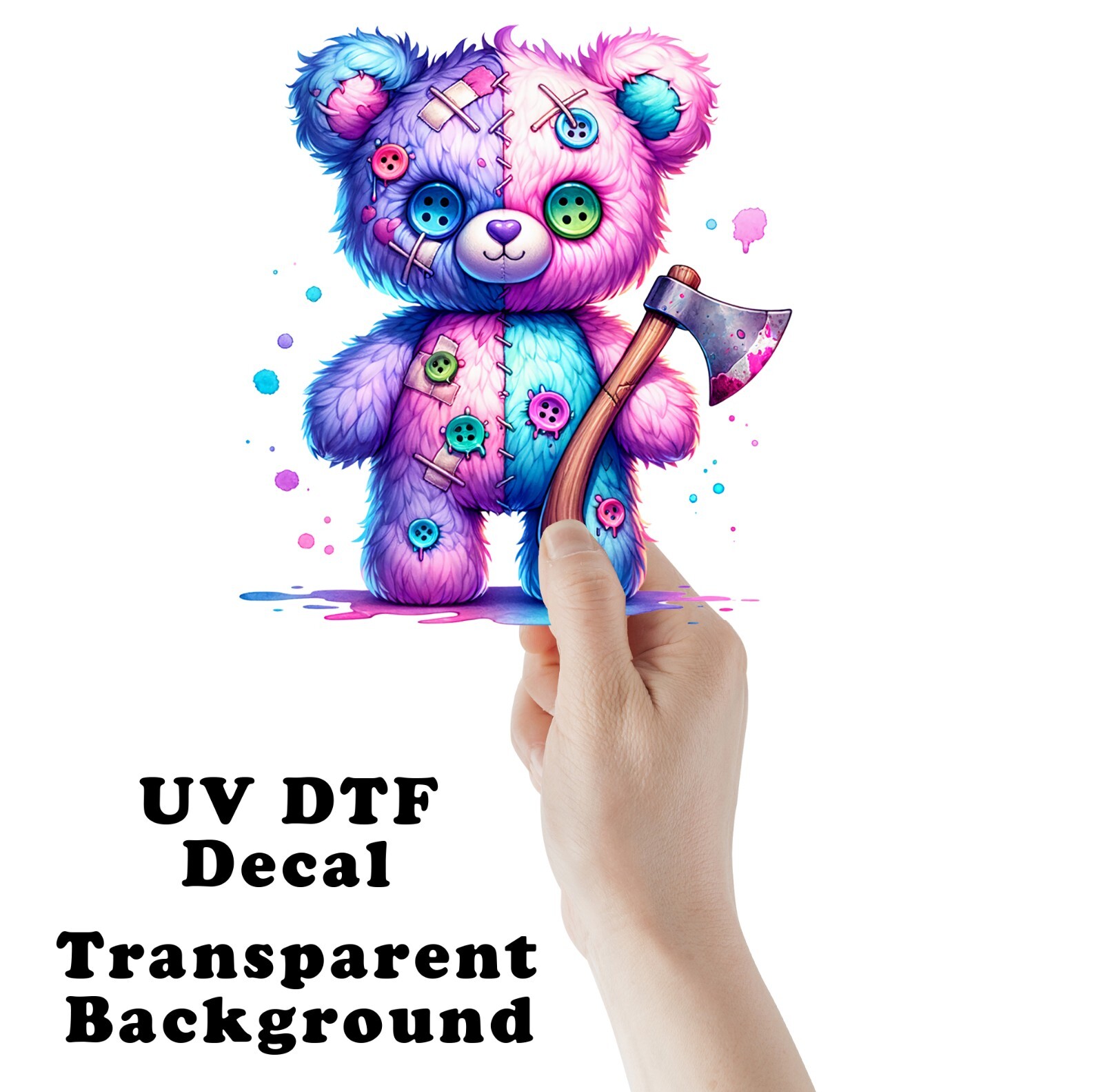 Pink Blue Homicidal Bear UV DTF Transparent Sticker / Decal