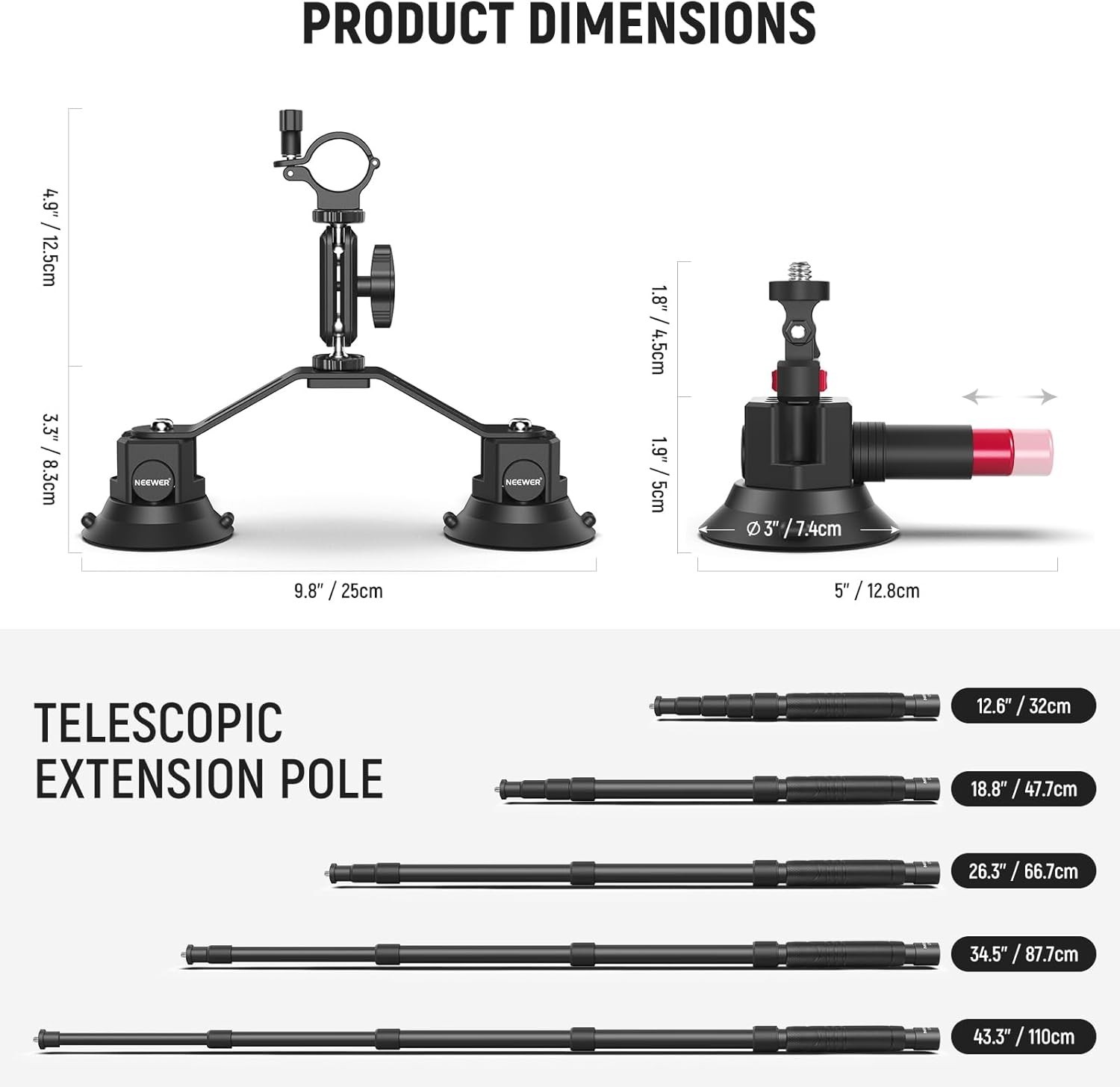 Triple Suction Cup Car Mount Kit with 2-in-1 Selfie Stick & Adjustable Pole for