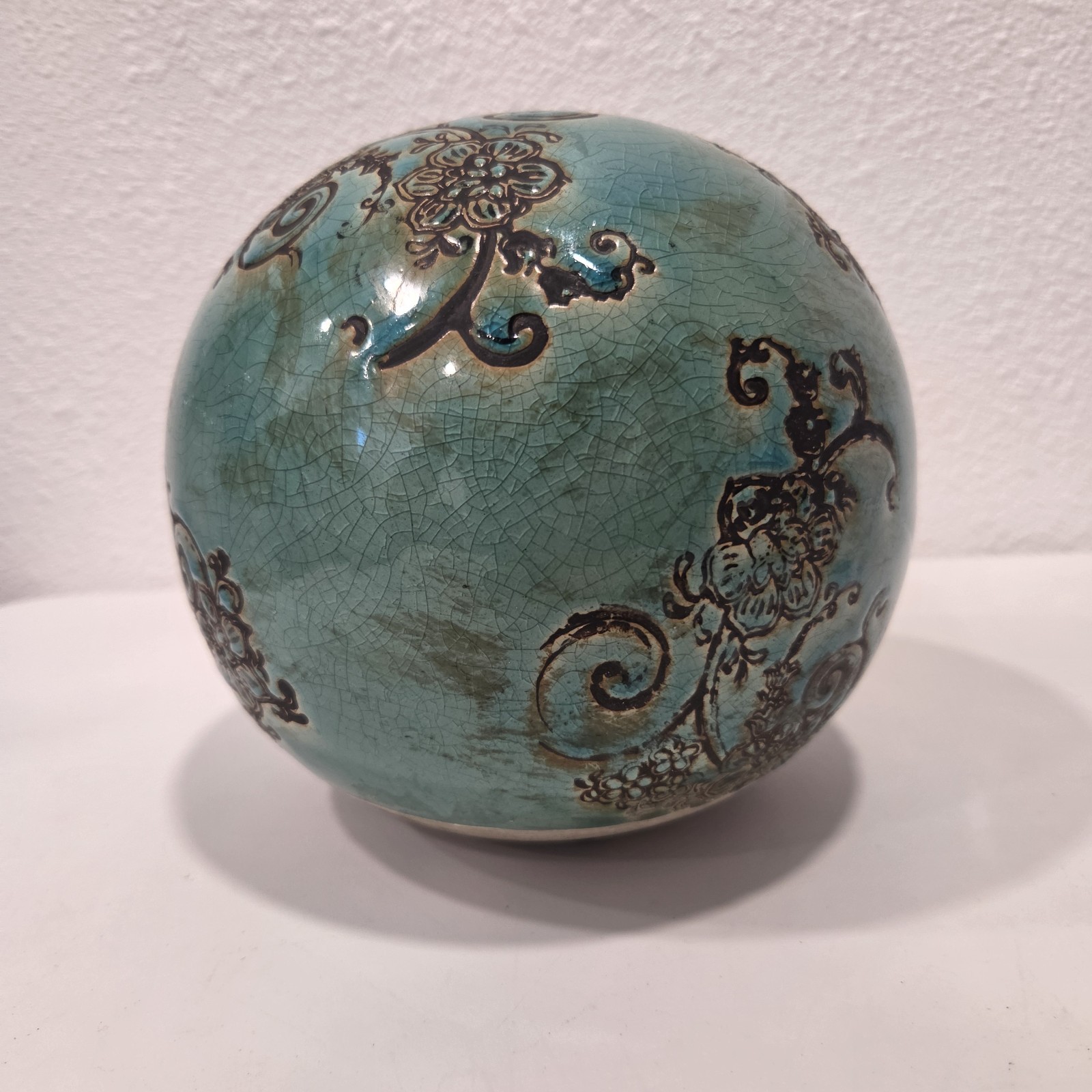 Vintage Turquoise Crackle Glaze Ceramic Decorative Orb Sphere 7” Floral Scroll