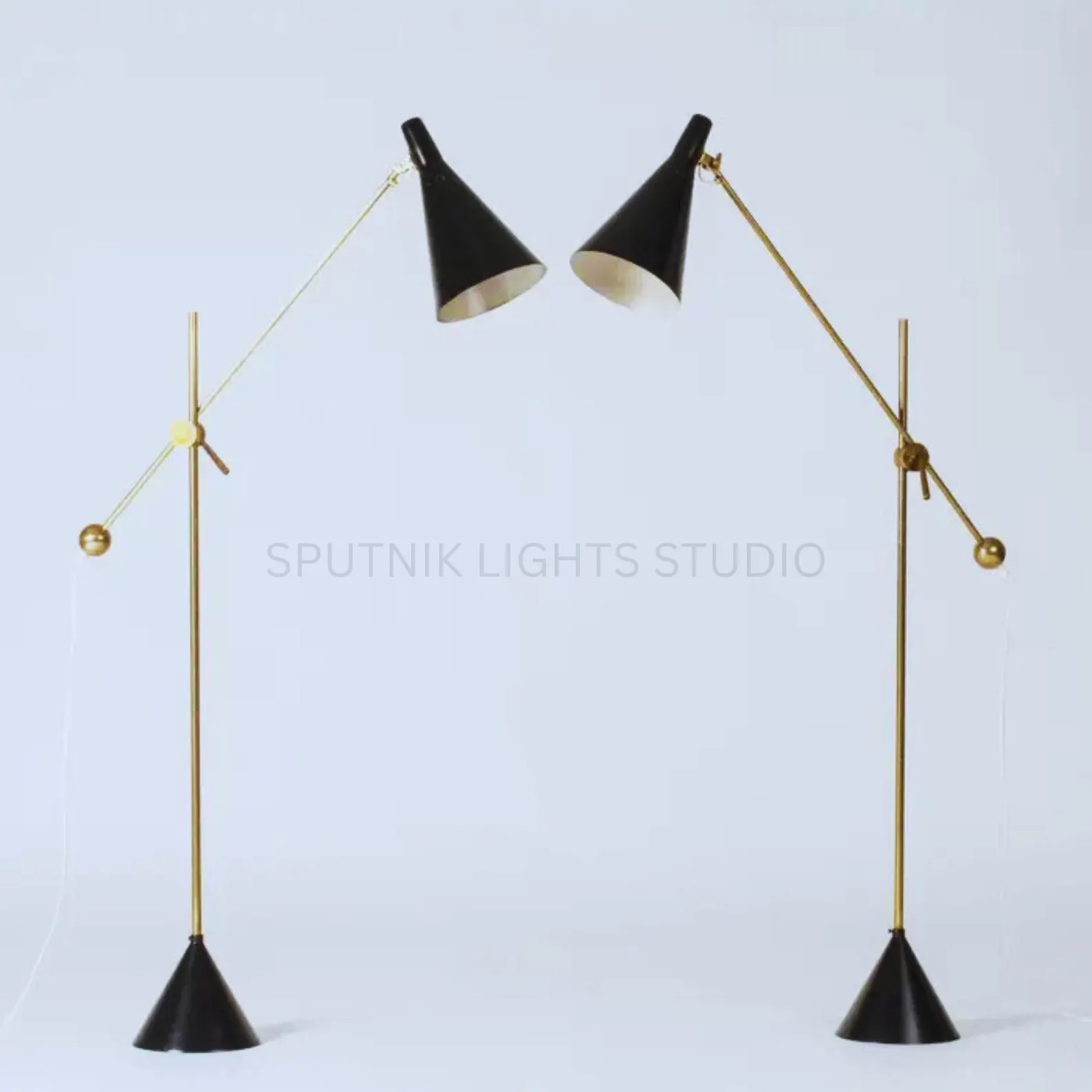 Handcrafted Mid-Century Brass Floor Lamp | Adjustable Black Cone Shade, Minimali