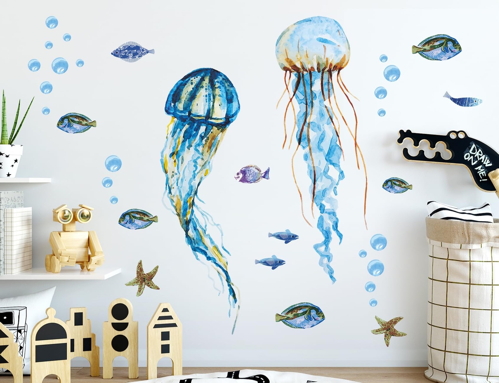 Creative Watercolor Blue Jellyfish Wall Decals Under The Sea Fish Animals Wal…