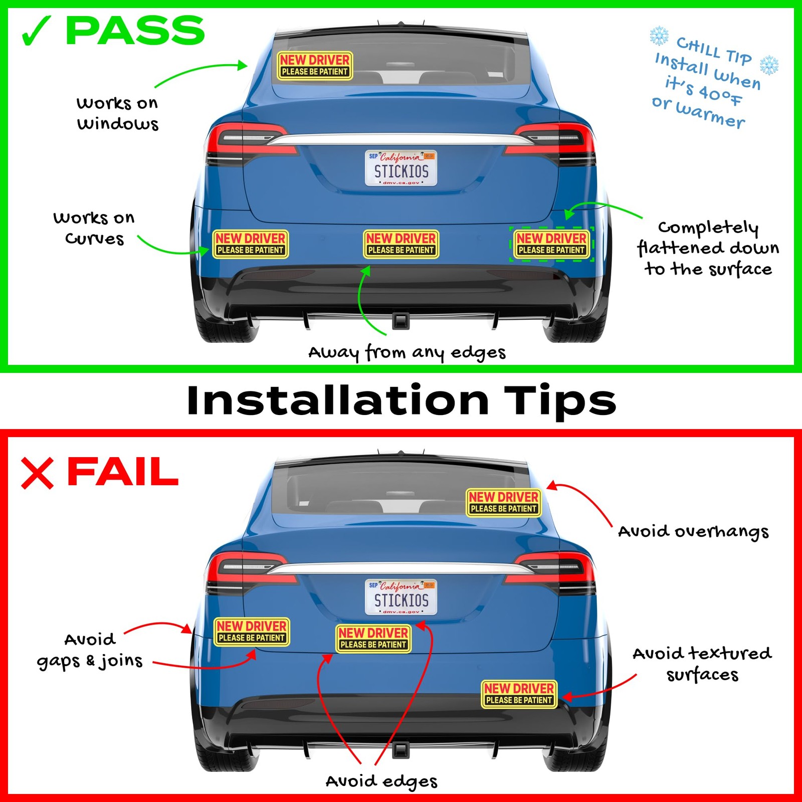 New Driver Sticker Non Magnetic Vinyl Removable 10.75in x 4in 2Pcs Car Window