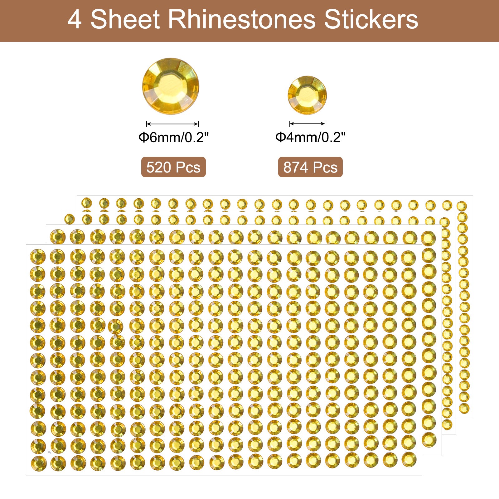 1394Pcs 4mm/6mm Self-Adhesive Rhinestone Stickers (4 Sheet Light Golden Yellow)