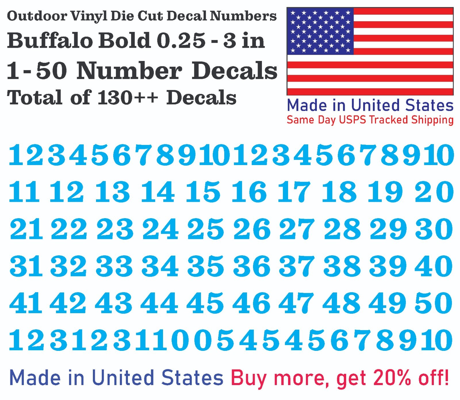 1-50 Buffalo Bold Vinyl Decal Sticker Numbers for Mailbox, Address, Locker Shop