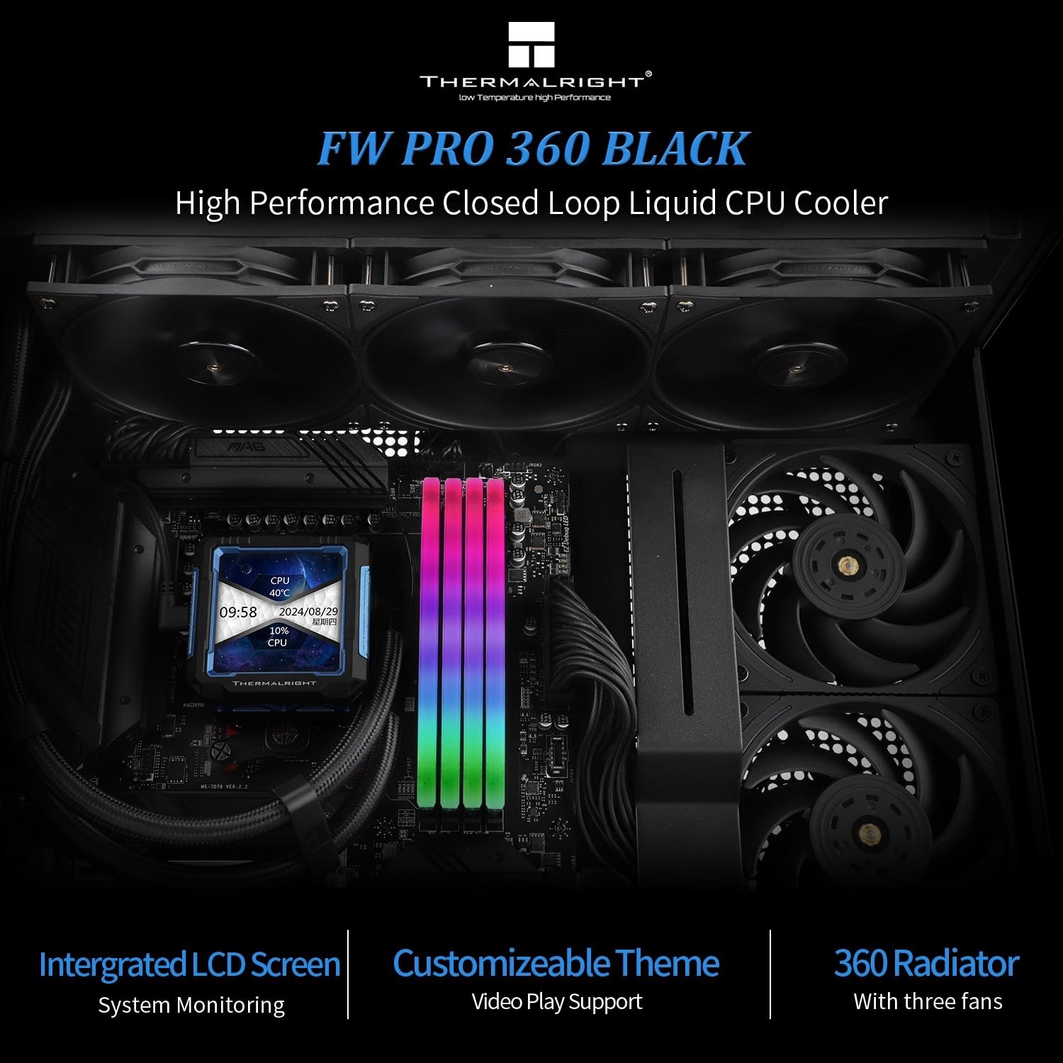 FW PRO 360 Black-360mm AIO CPU Liquid Cooler,IPS LCD Screen…