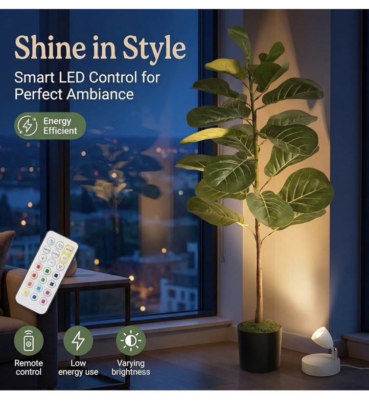 Artificial Fiddle Leaf Fig Tree 3ft (36 Inch) Tall – with Remote LED Spotlight