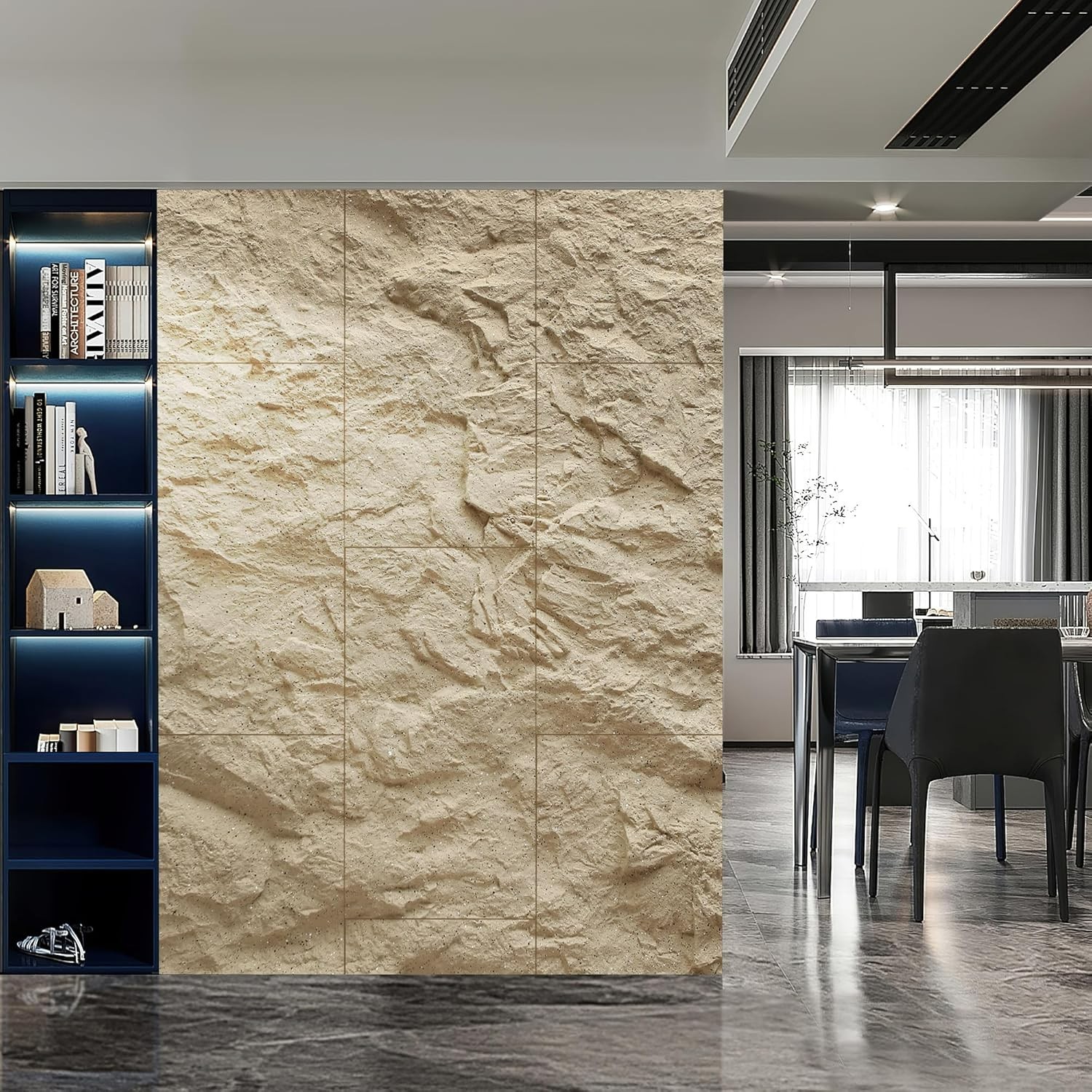 4 PCS 3D Faux Stone Wall Panels -Golden Hemp Cement Texture Wainscoting Decor