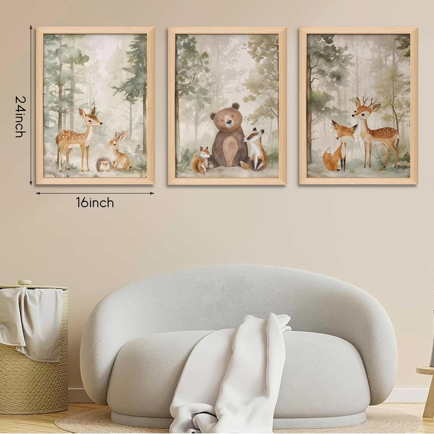 Framed Woodland Wall Art Set of 3, Wild Animals Nursery Wall Decor, Cute Bear Fo