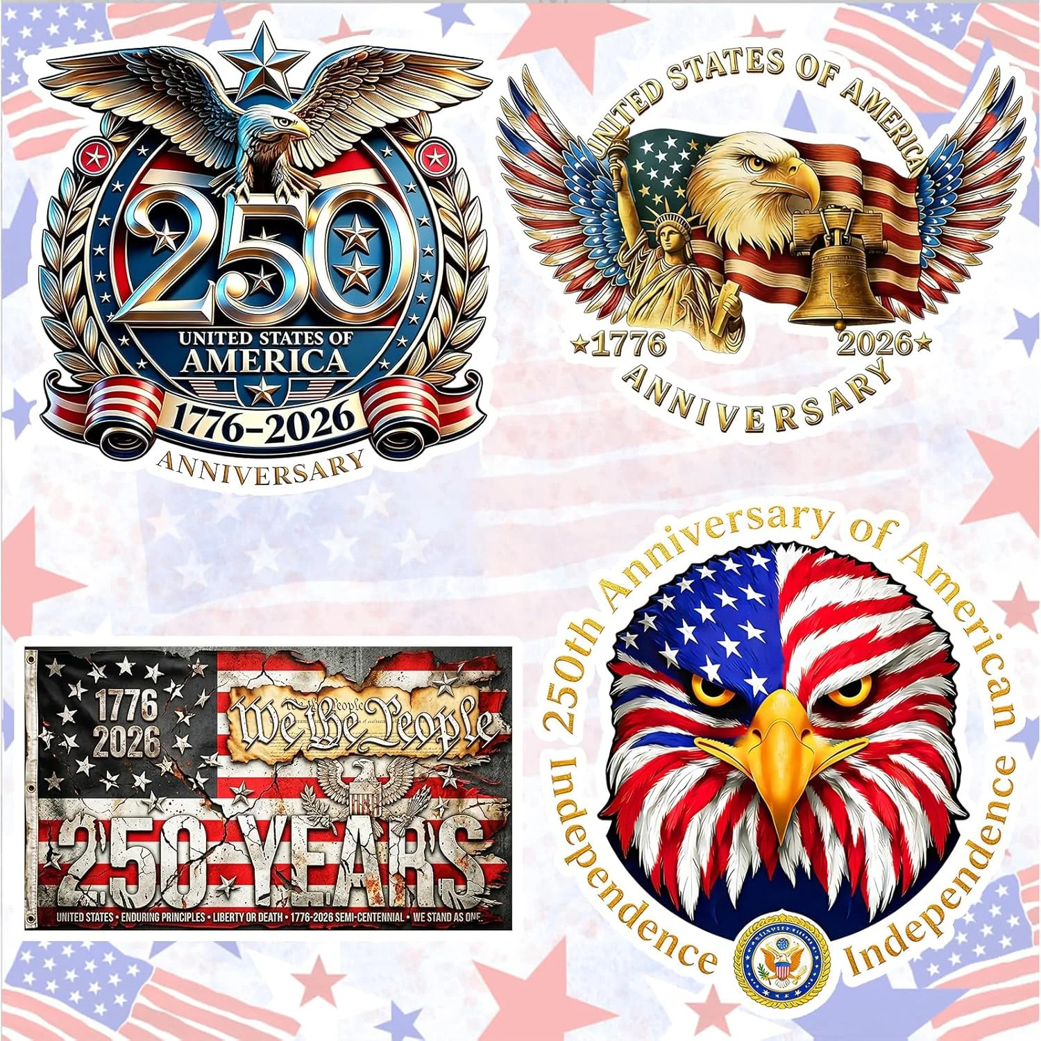 4 pcs 250th Anniversary USA Car Decal Sticker,1776-2026 Patriotic Colorful FAST