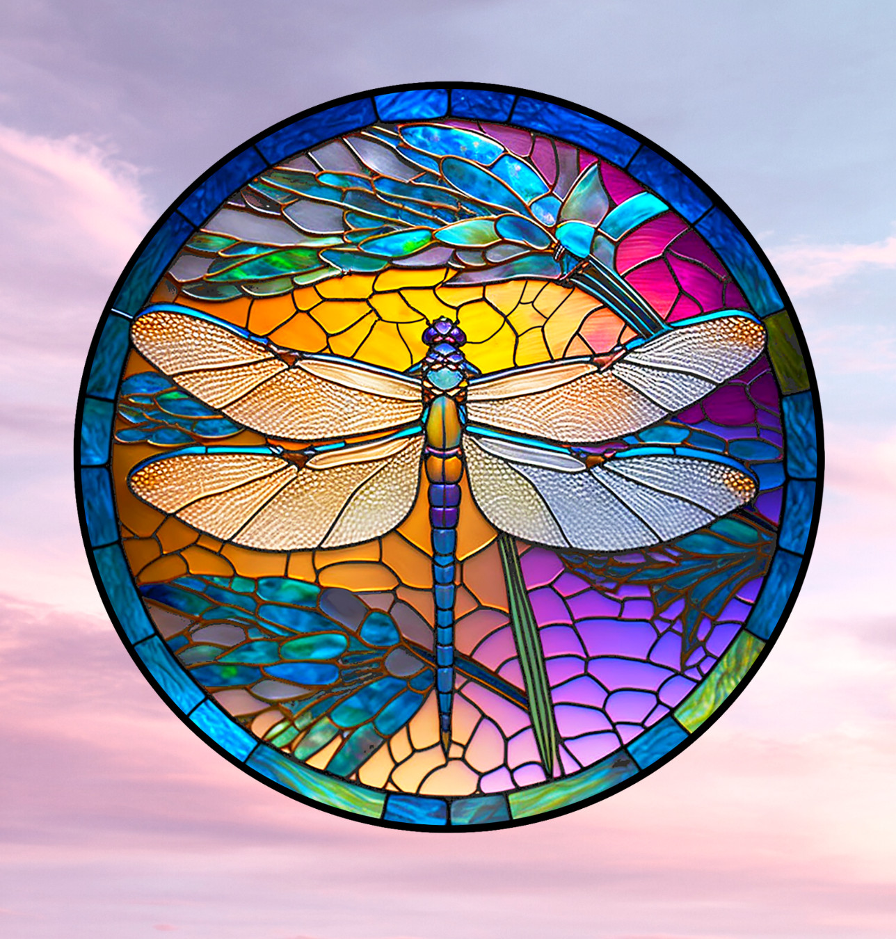 Dragonfly Faux Stained-Glass WINDOW CLING Sun-catcher Size 8" Round Vinyl