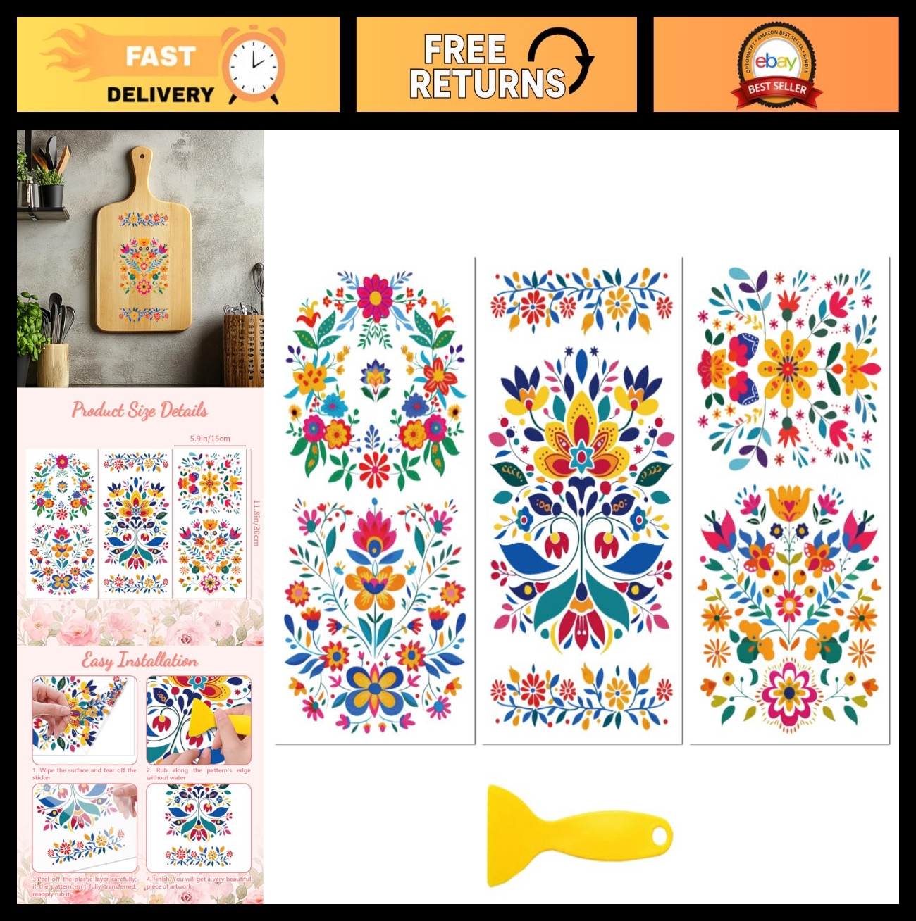 Mexican Folk Art Flowers Rub on Transfer Decal Stickers for Furniture Craft 3Pcs