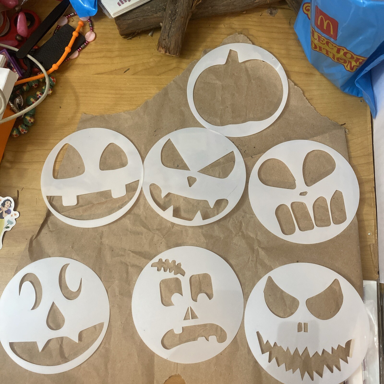 7 PACK Pumpkin Carved Faces Vinyl Decals Halloween Carving 6 In Round