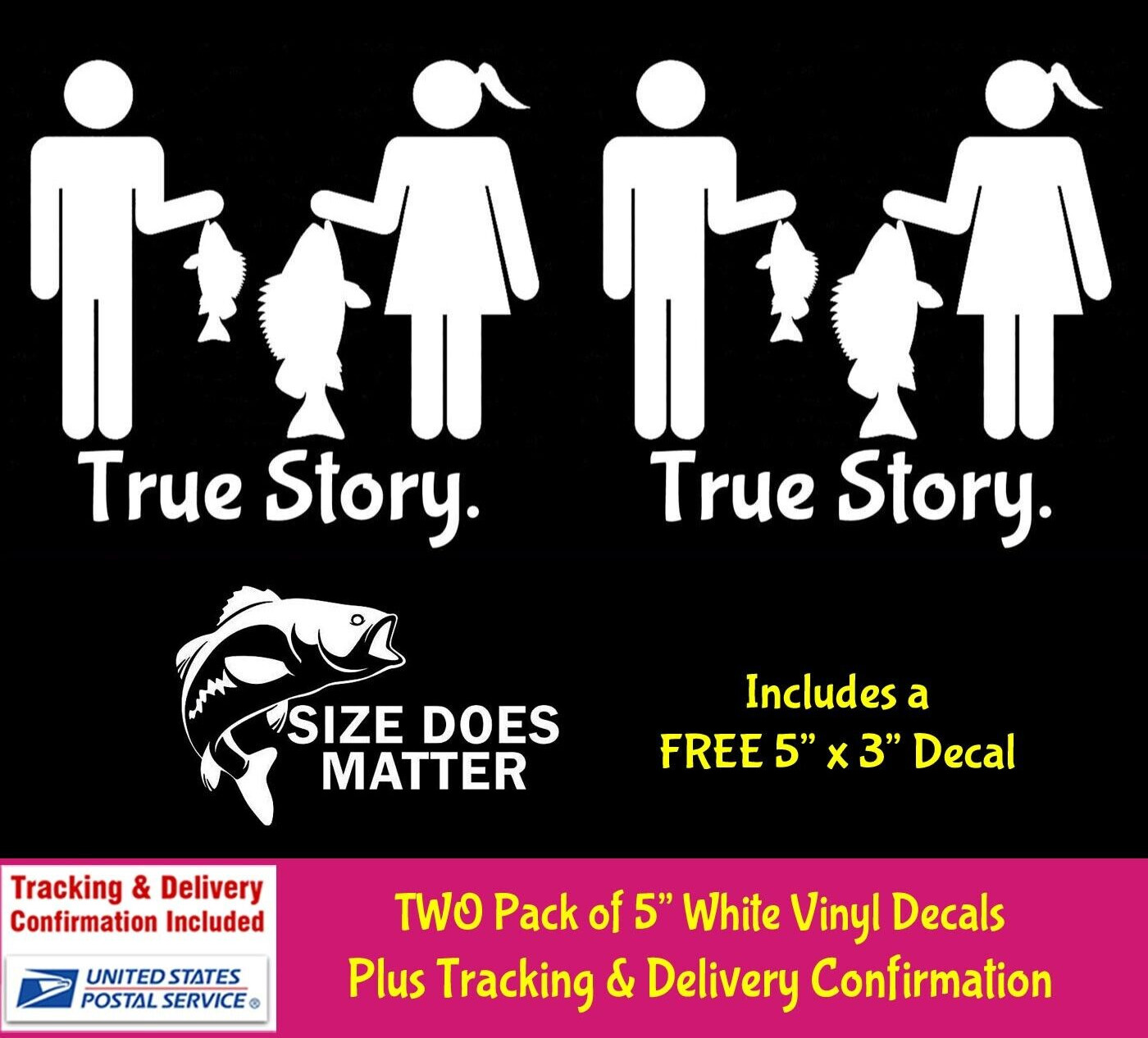 True Story Fishing Tale Two 5" White Vinyl Decals Car Truck Camper Boat Windows