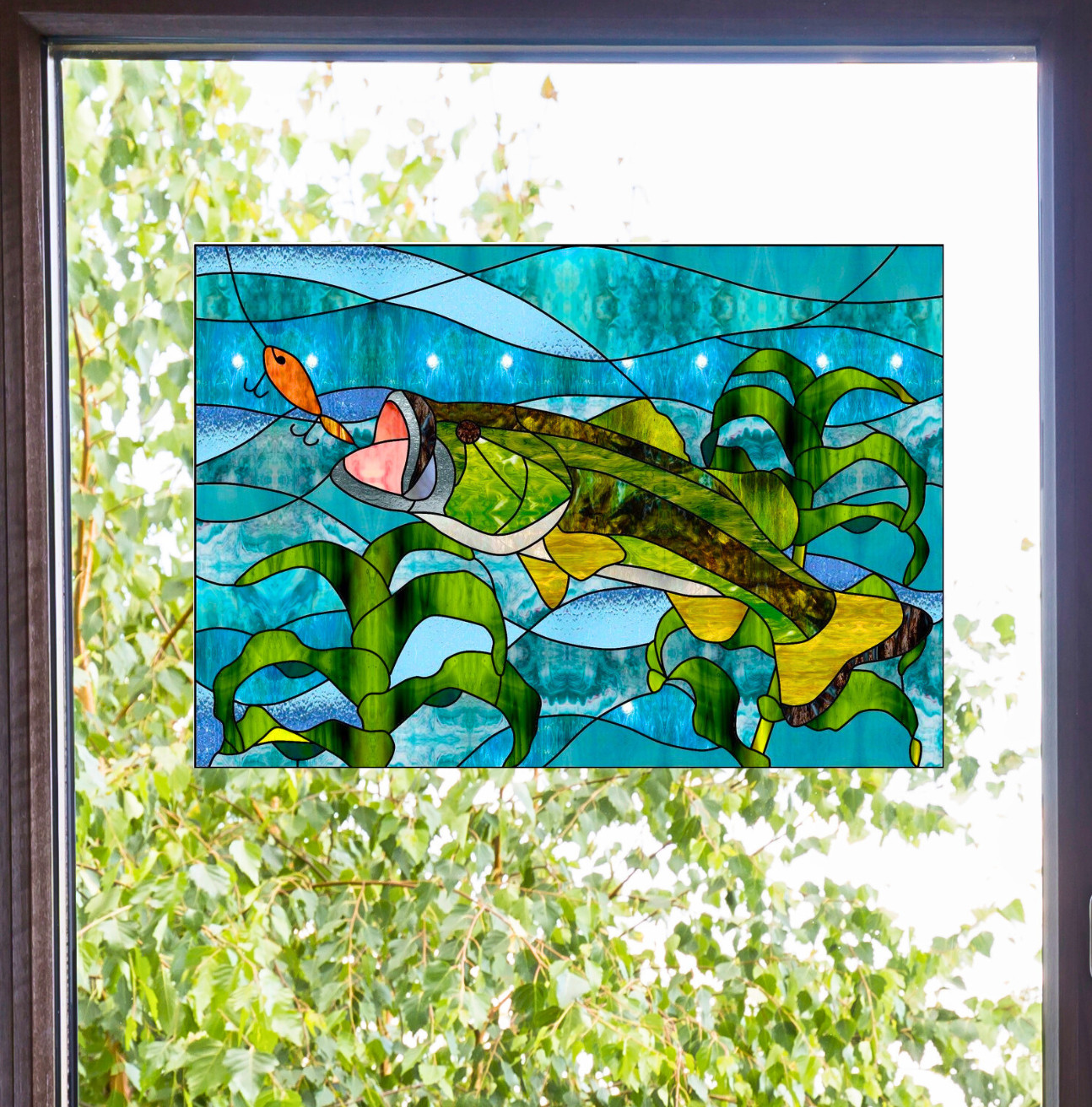 Bass Fishing Faux Stained-Glass WINDOW CLING Size 10.6" Repositionable Vinyl