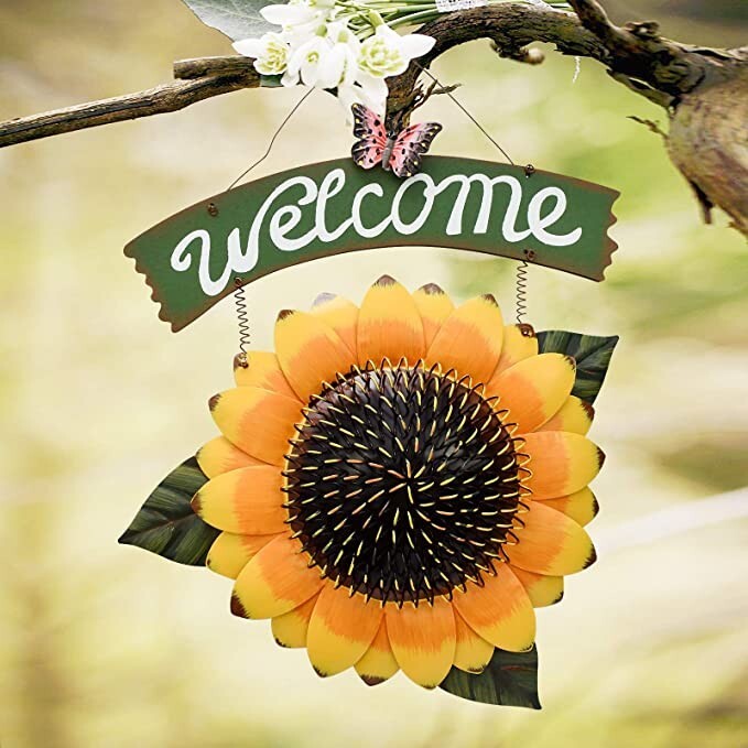Sunflower Welcome Sign Metal Hanging Welcome Plaque for Wall (H)