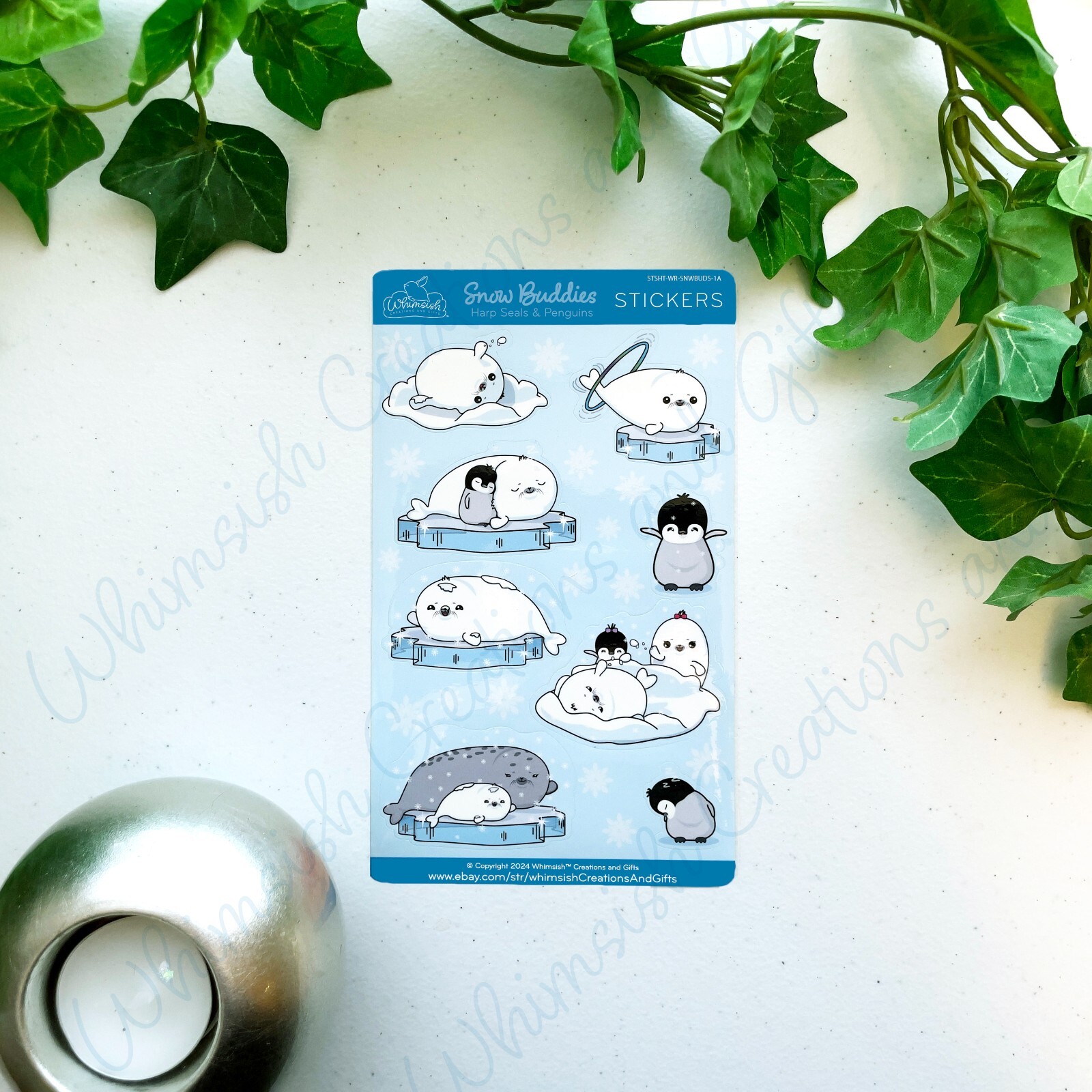 Sticker Sheet—Snow Buddies01: Harp Seals & Penguins, Vinyl, Laminated Stickers