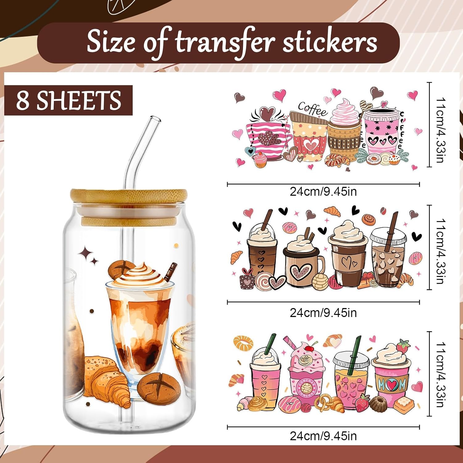 Coffee UV DTF Cup Wraps – 8 Sheets Coffee UVDTF Decals for 16 oz Glass Cups,