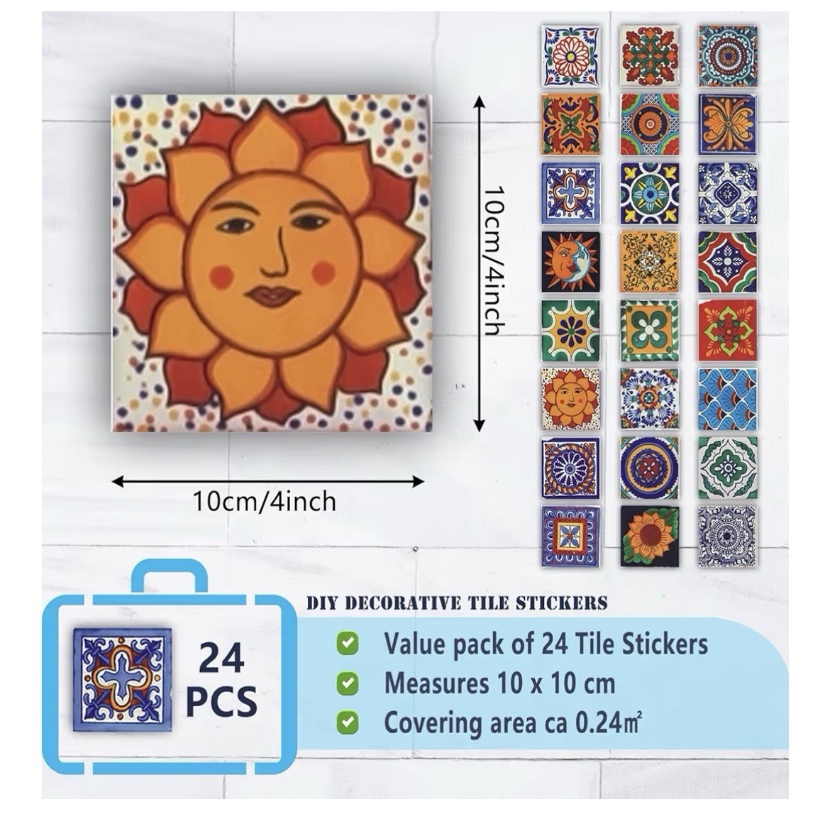NEW Lot of Four Packs Retro Mosaic Tile Stickers, 20 Stickers each Pack, 4”x4”