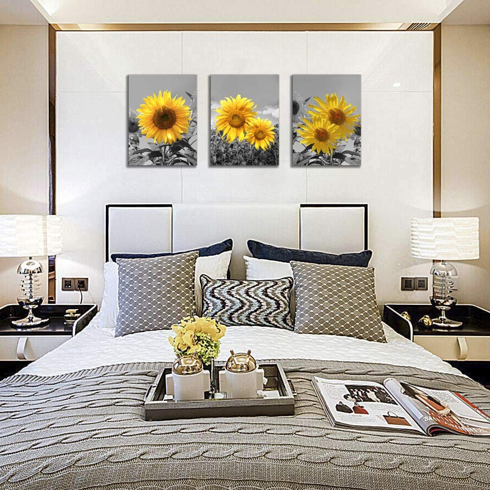 Sunflower Wall Art for Living Room Black White Flowers Wall Decor Yellow Flor…