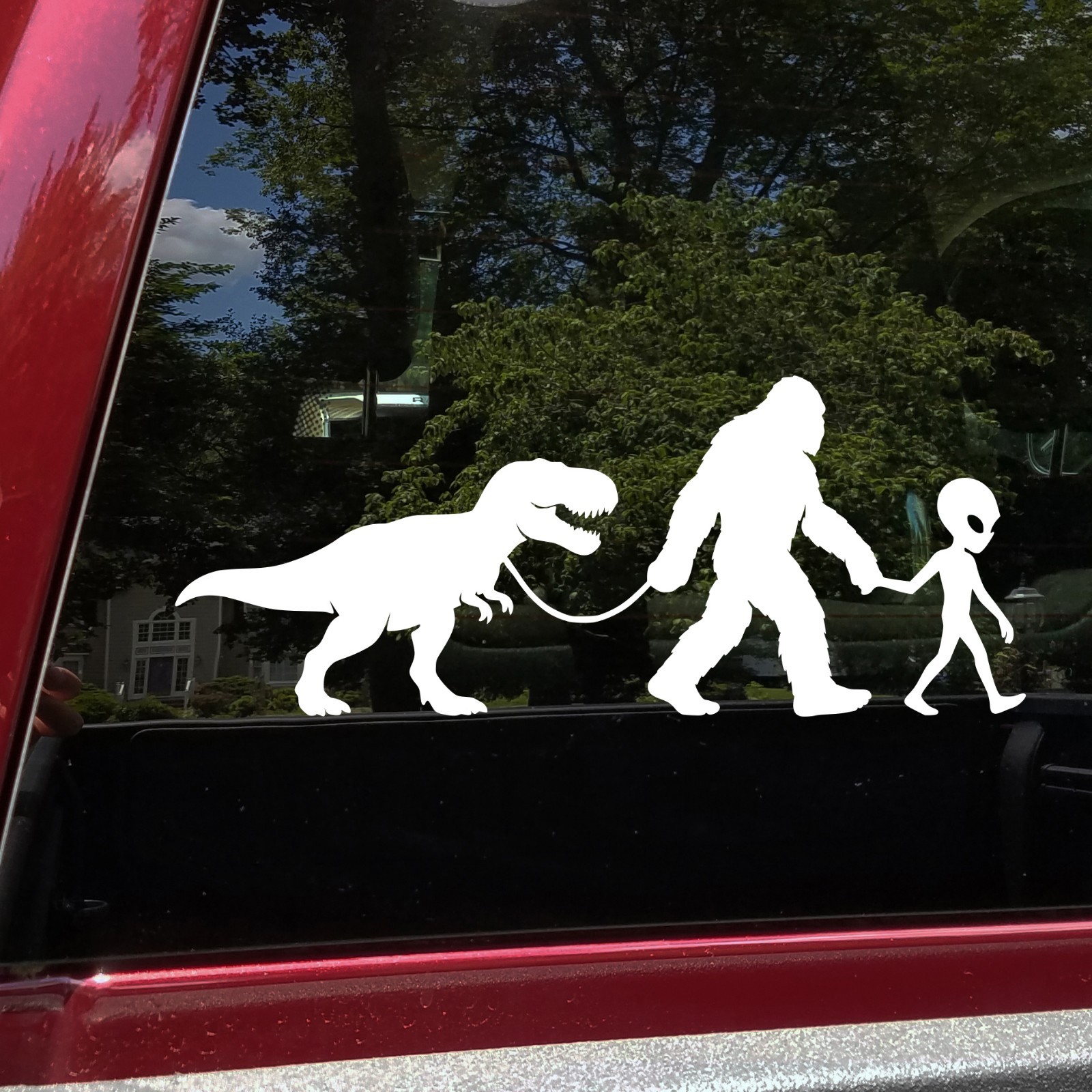 T Rex Bigfoot Alien Vinyl Sticker Decal Cryptid UFO Adventure Scene Sasquatch