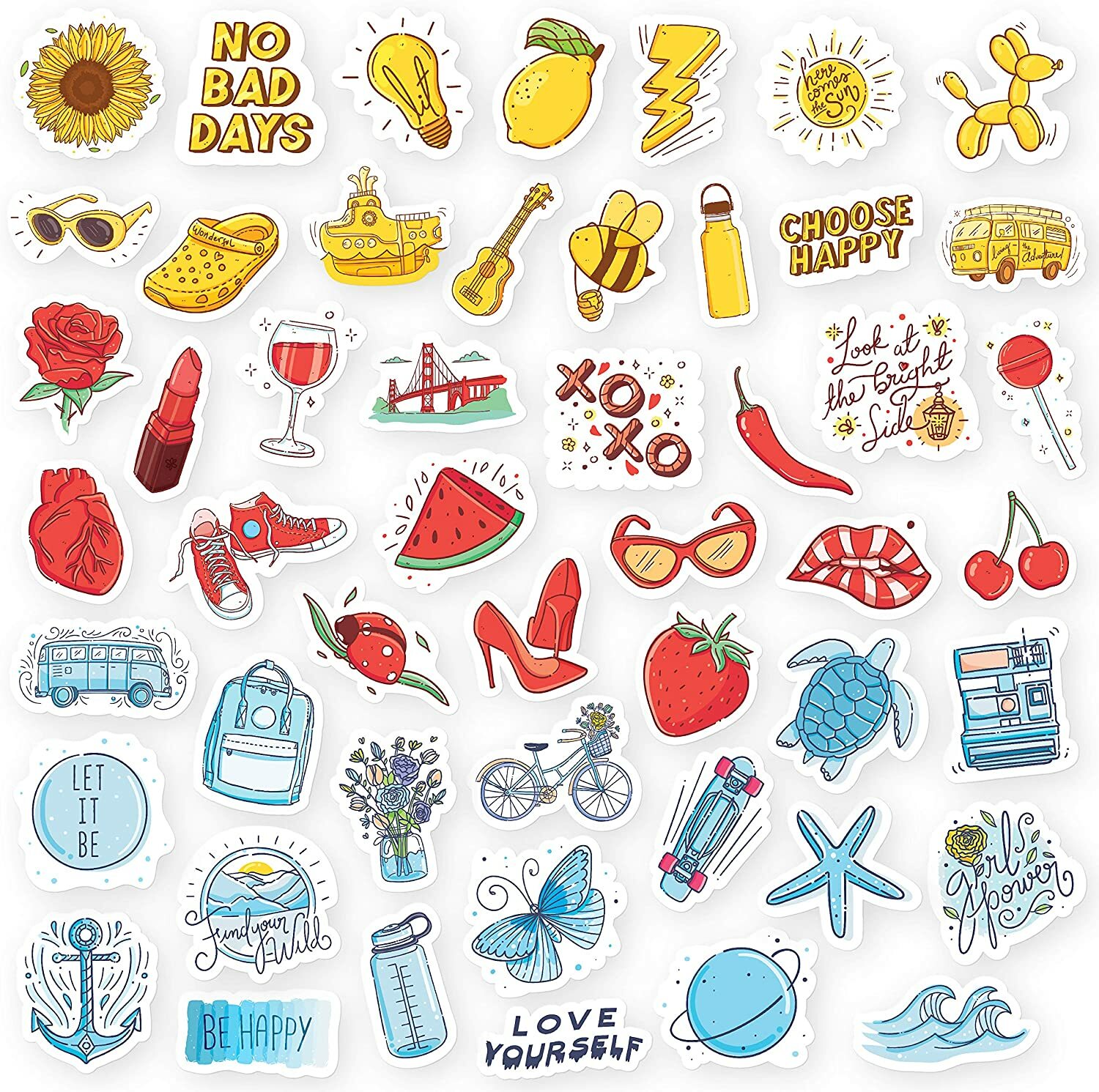 Carefree Bee RipDesigns Series 15 – Pack of 50 Vinyl Stickers – Red Yellow Blue