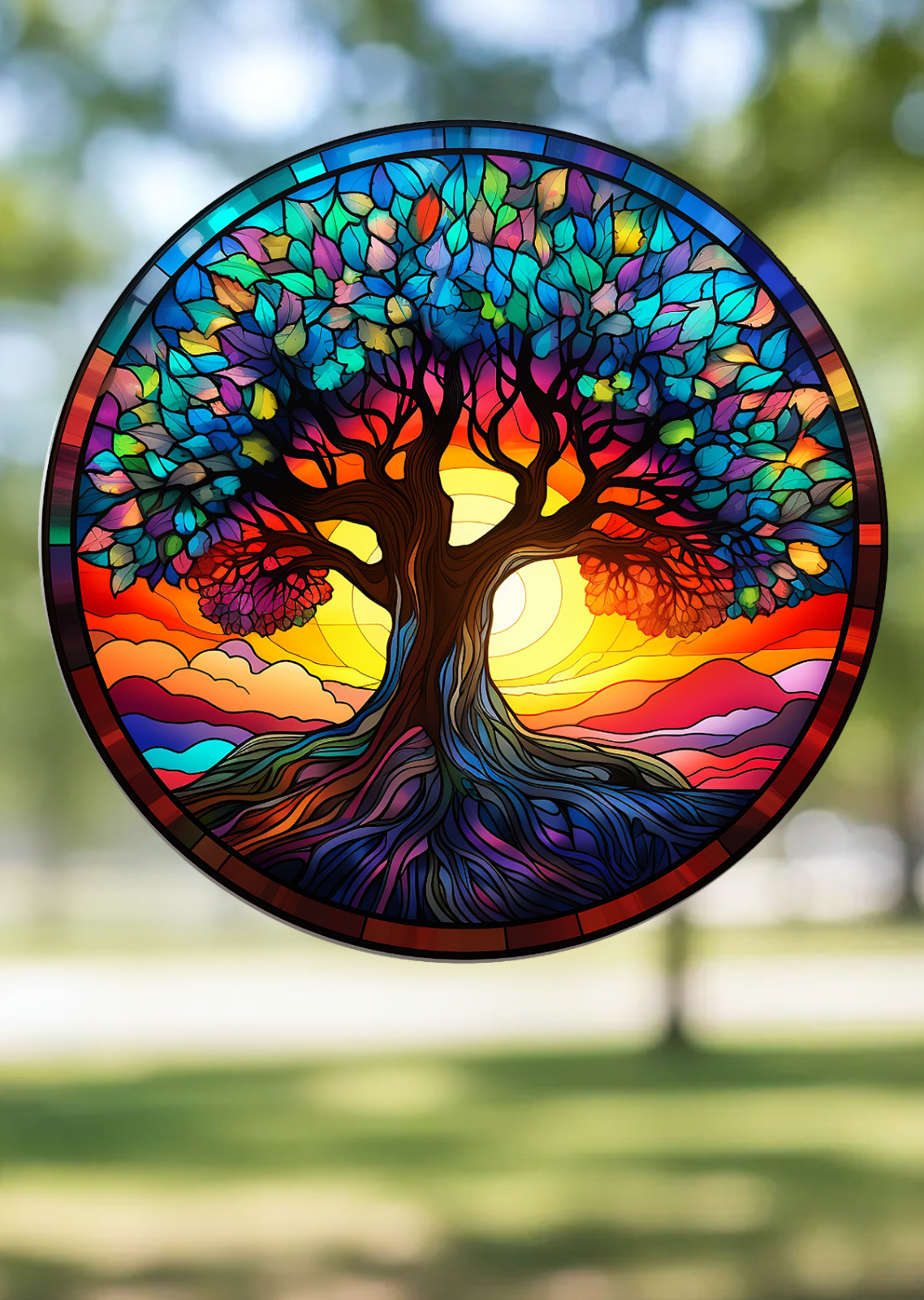 Tree of Life Round Faux Stained-Glass WINDOW CLING Size 8" Round Vinyl