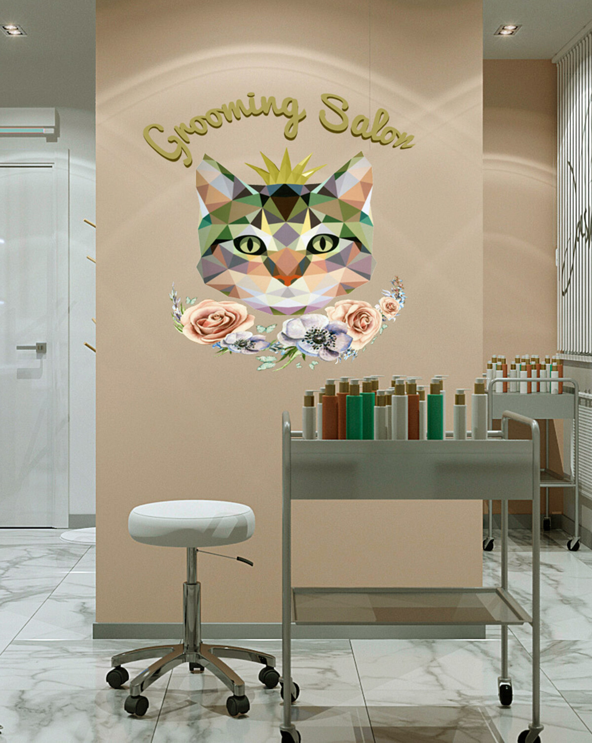 Grooming Salon Sticker, Cat Decal, Polygonal Animal Home Decor Сat Wall Art