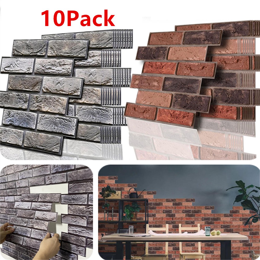 10PCS Brown/Grey 3D Wall Panels 11.8In Stick Brick Wallpaper Self Adhesive Decor