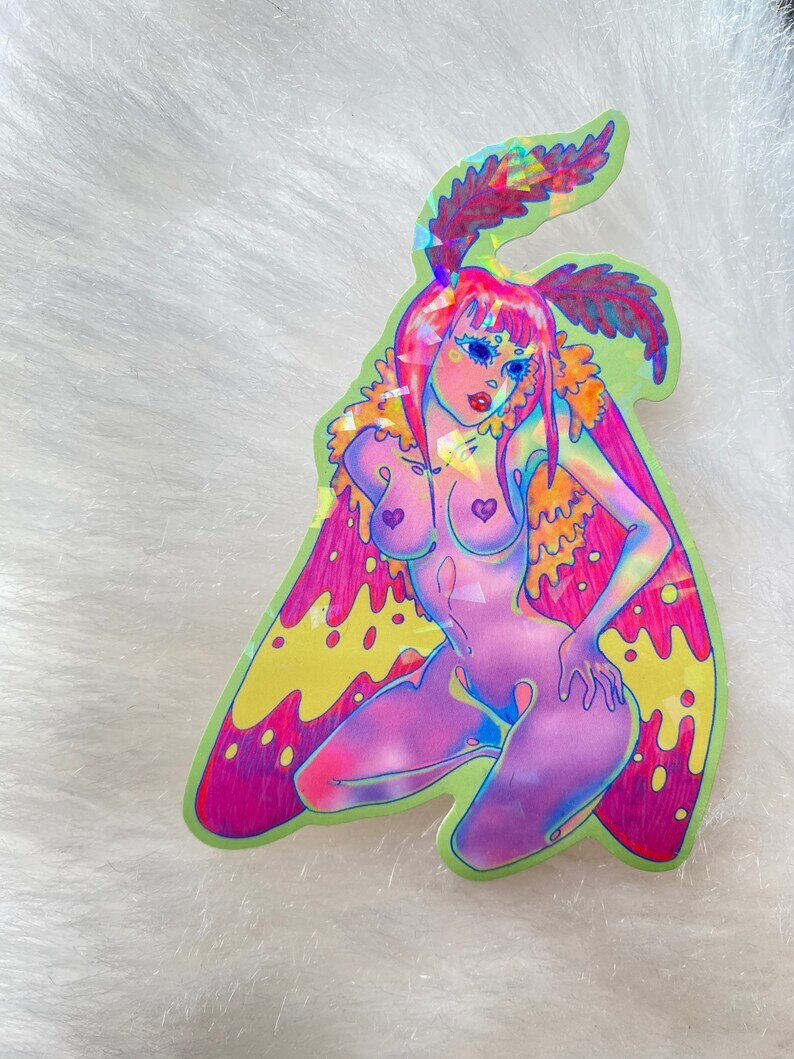 Rosy Maple Moth Fairy Holographic Sticker 4” X 2.75”