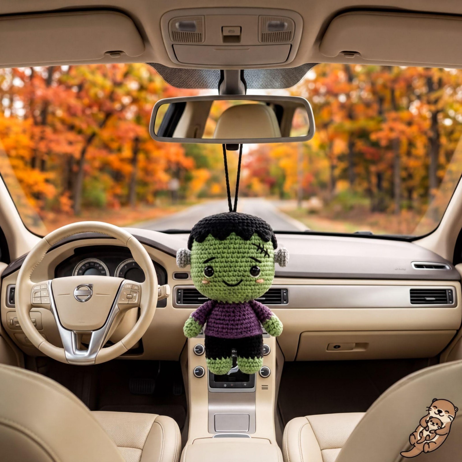 Handmade Frankenstein Crochet Car Charm, Green Monster Halloween Decor