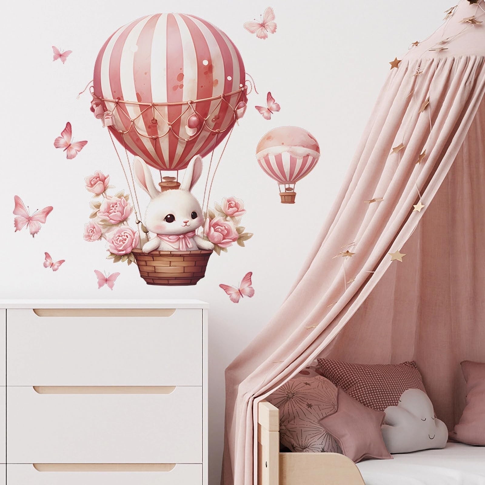 Pink Bunny Butterfly Rose Hot Air Balloon Wall Stickers, sacinora Cute Rabbit…