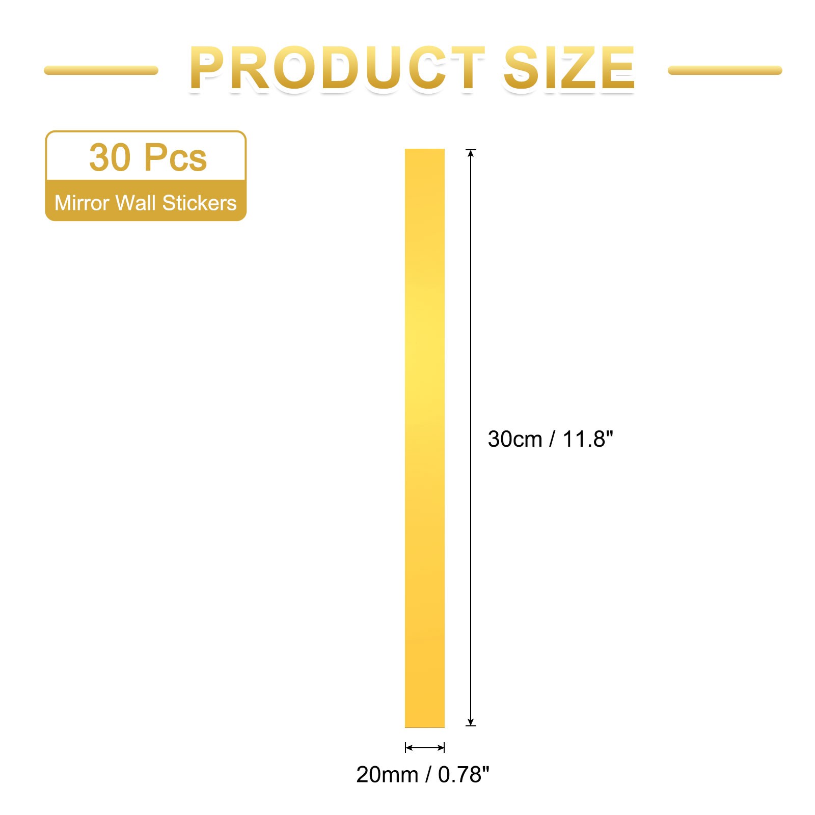 30 Pcs Striped Mirror Stickers, 0.78" x 11.8" Mirror Wall Stickers, Gold