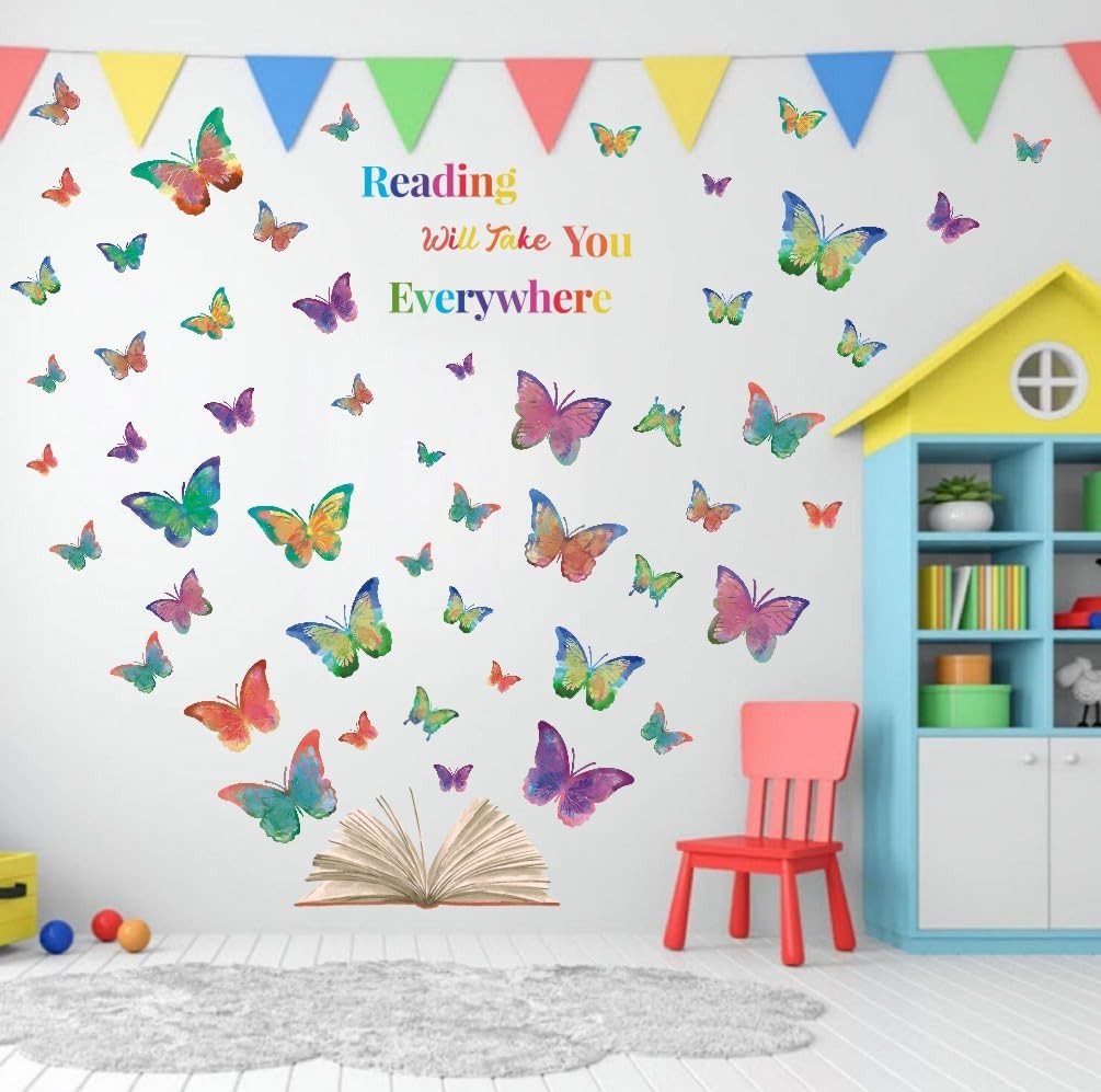 Colorful Butterfly Reading Book Wall Decal, Reading Will Take You Everywhere …