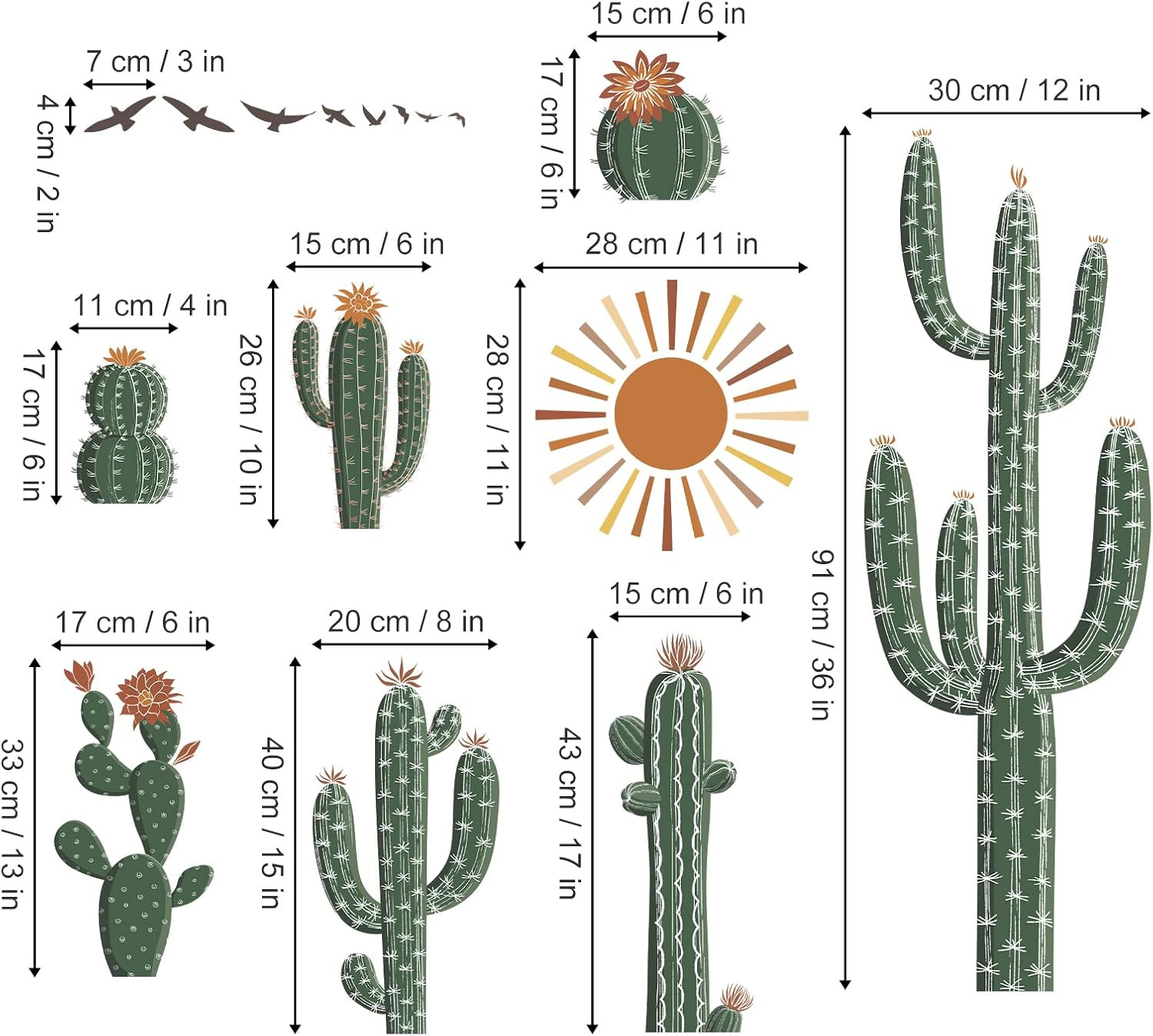 Boho Cactus Wall Stickers Tropical Cacti Green Plants Peel and Stick Wall Art De