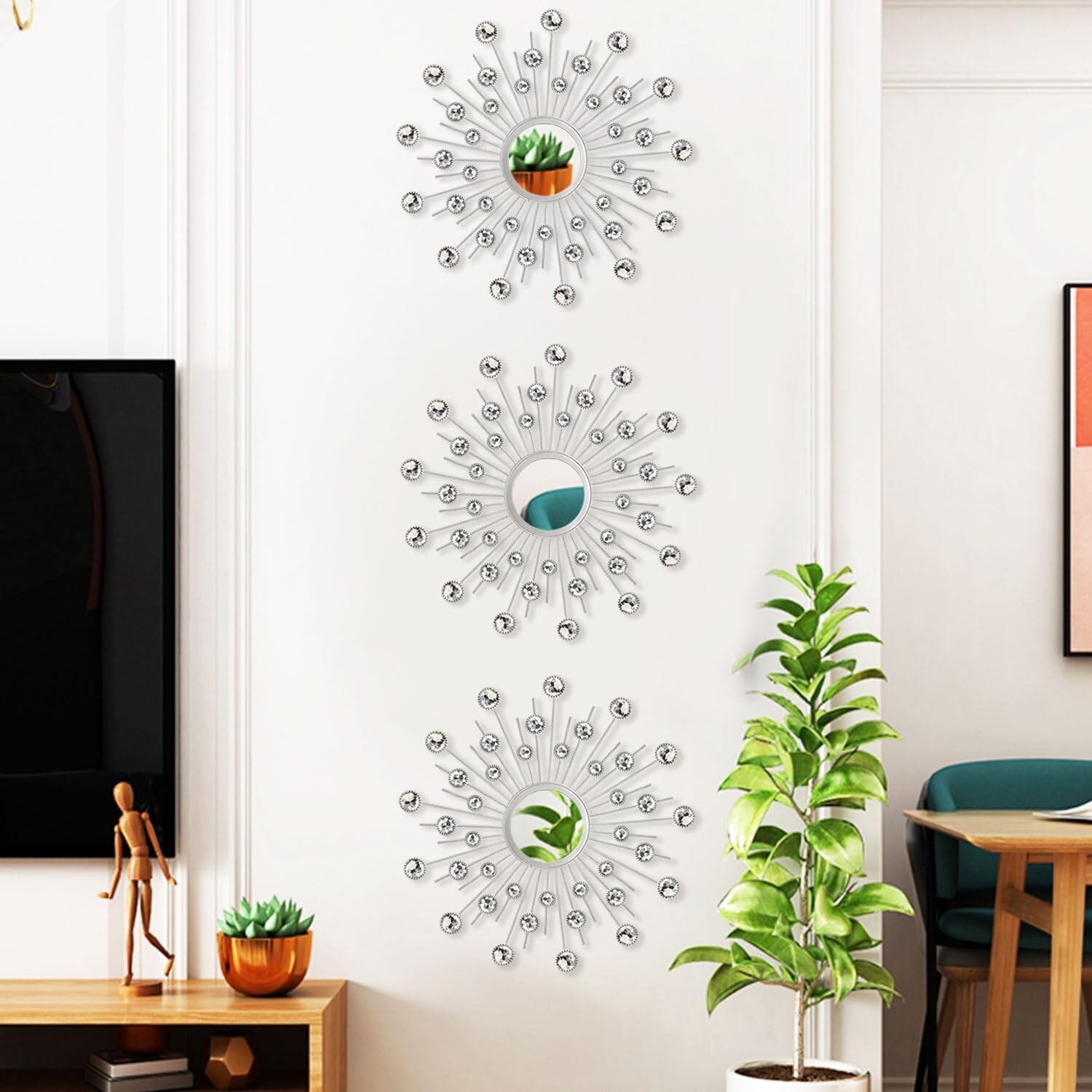 Uaussi 3 Pack Crystal Sunburst Wall Mirror Décor Rhinestone Mirrors Decorat