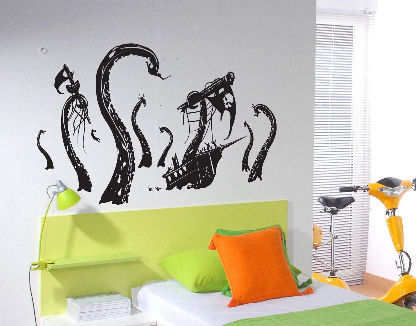Pirate Ships attacked by Kraken Wall Decal Sticker. Beach Nautical Theme Decor.
