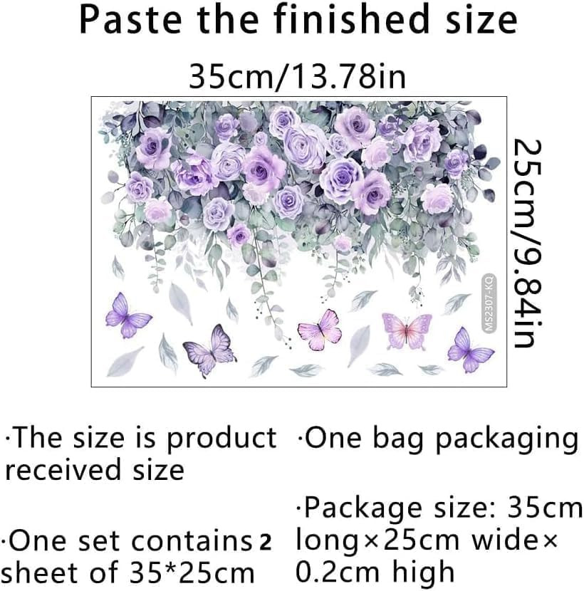 Botanical Bathroom Stickers with Purple Roses, Waterproof Removable Decals for T