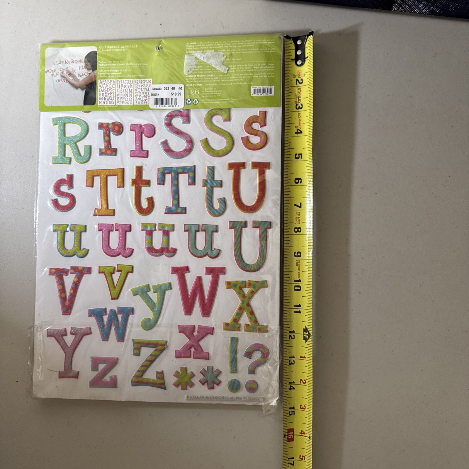 Anywhere Art Adhesive Glitter Puff Alphabet. Multicolor -3 Sheets Of Wall Decor