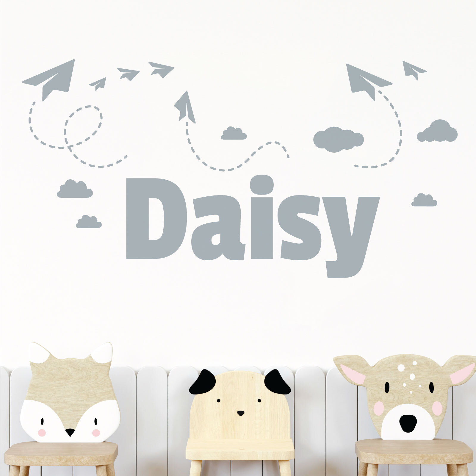 Personalised Name Children Wall Art Sticker – Sky, Paper Planes and Clouds