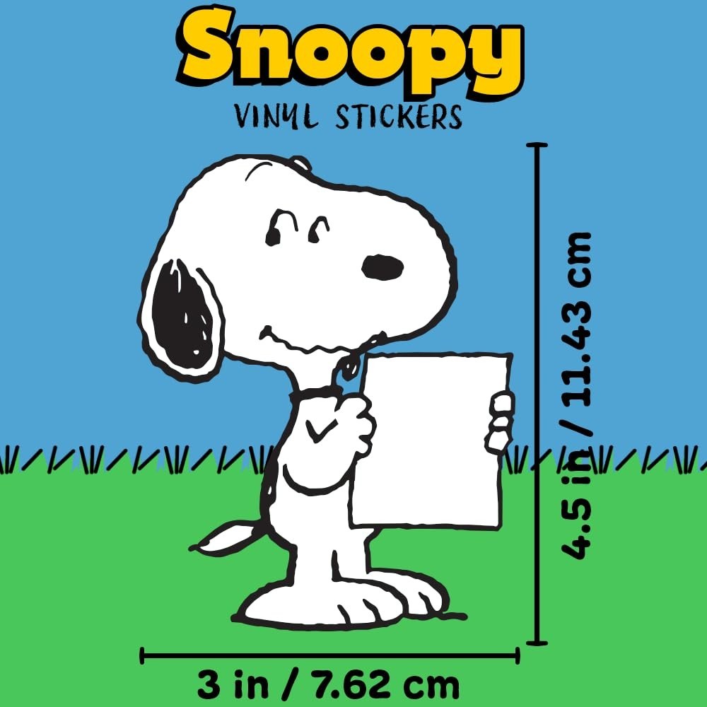 Peanuts cute sticker of Snoopy holding a white sign 4.5"H x 3"W