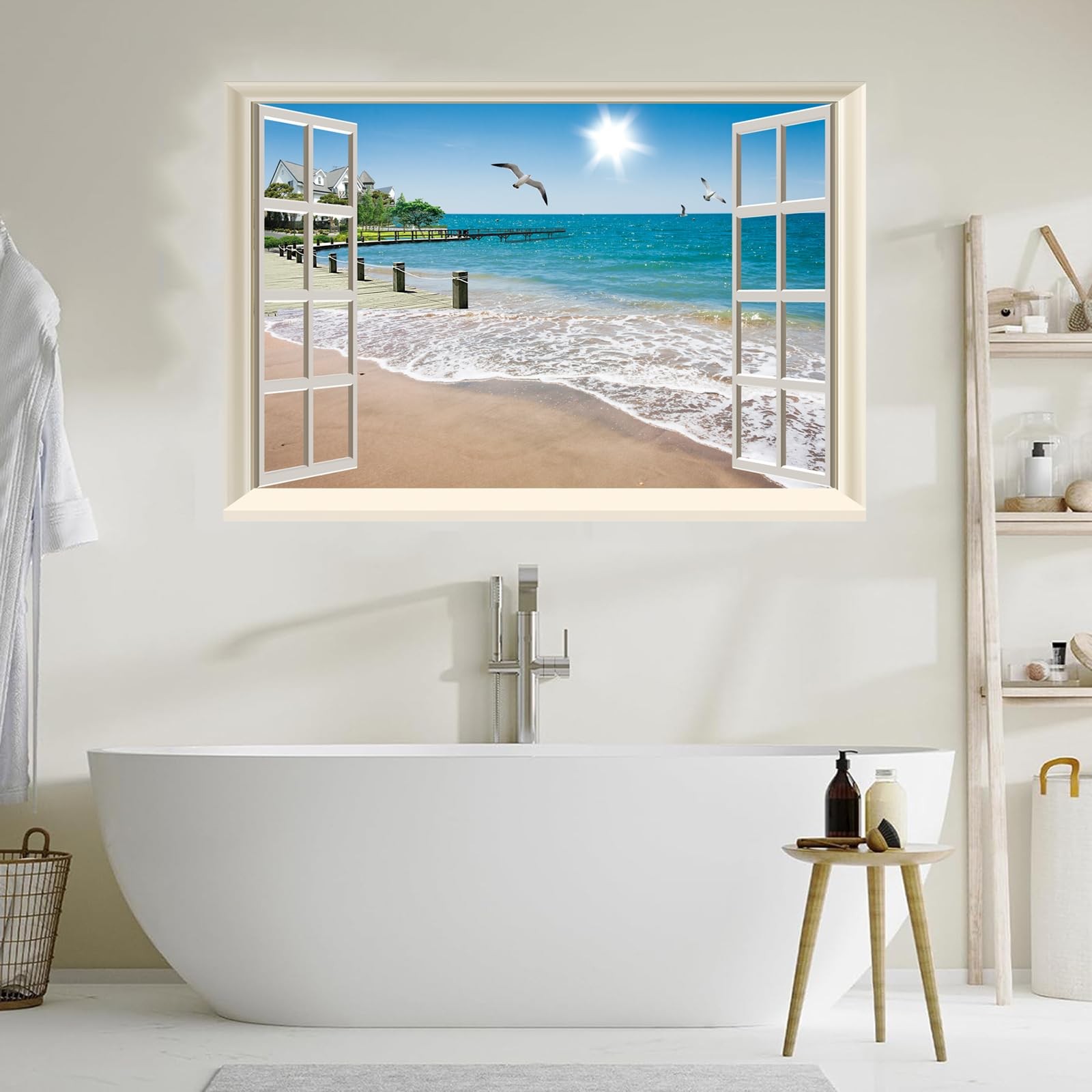 Fake Window Wall Decal, Summer Beach Seascape Peel and Stick Wall Sticker, Fa…
