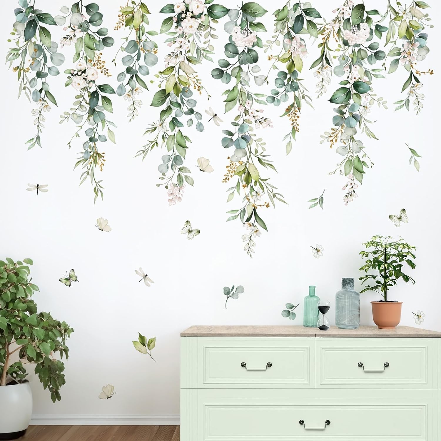 Hanging Green Leaves Wall Decals Hanging Vines Plants Leaves Peel and Stick W…