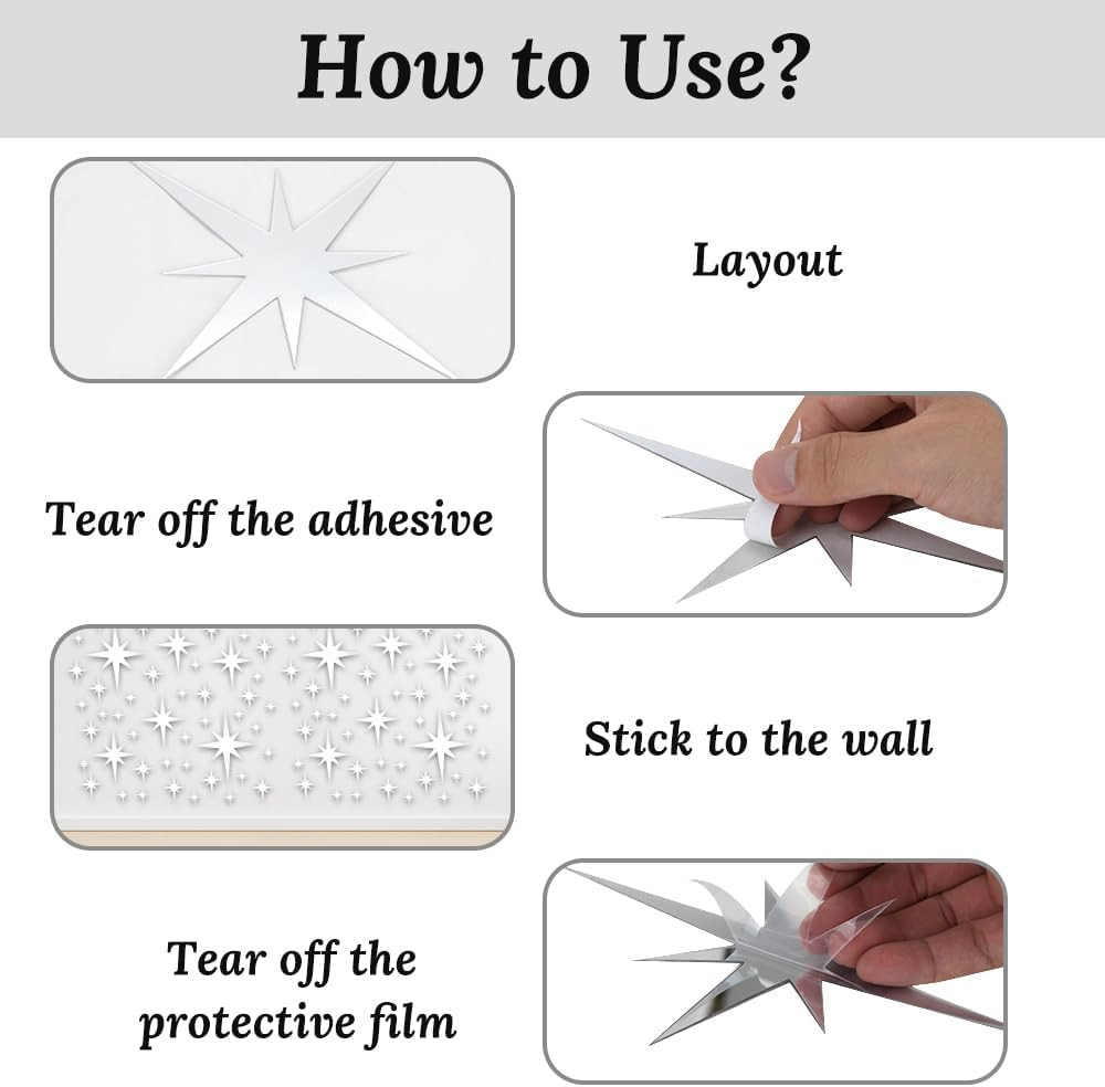 71 Pcs Silver Star Stickers, 3D Acrylic DIY Star Mirror Wall Stickers Decor, Rem
